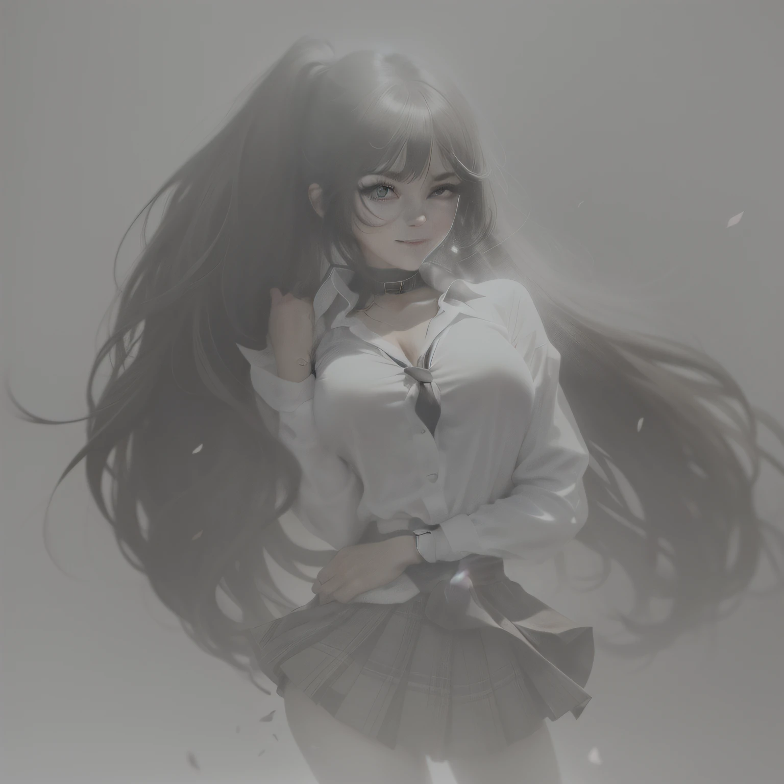 masterpiece, best quality, full body, 1girl, bangs, black choker, black necktie, black hair, blue skirt, blush, bracelet, breasts, choker, clothes around waist, collarbone, collared shirt, cowboy shot, dress shirt, ear piercing, eyebrows visible through hair, gradient hair, grin, gyaru, jewelry, kogal, long hair, looking at viewer, loose necktie, necktie, piercing, plaid, plaid skirt, pleated skirt, red eyes, ring, school uniform, shirt, skirt, smile, solo, white shirt, street, sky, cherry blossoms, petals,illustration, (magazine:1.3), (cover-style:1.3), fashionable, woman, vibrant, outfit, posing, front, colorful, dynamic, background, elements, confident, expression, holding, statement, accessory, majestic, coiled, around, touch, scene, text, cover, bold, attention-grabbing, title, stylish, font, catchy, headline, larger, striking, modern, trendy, focus, fashion,