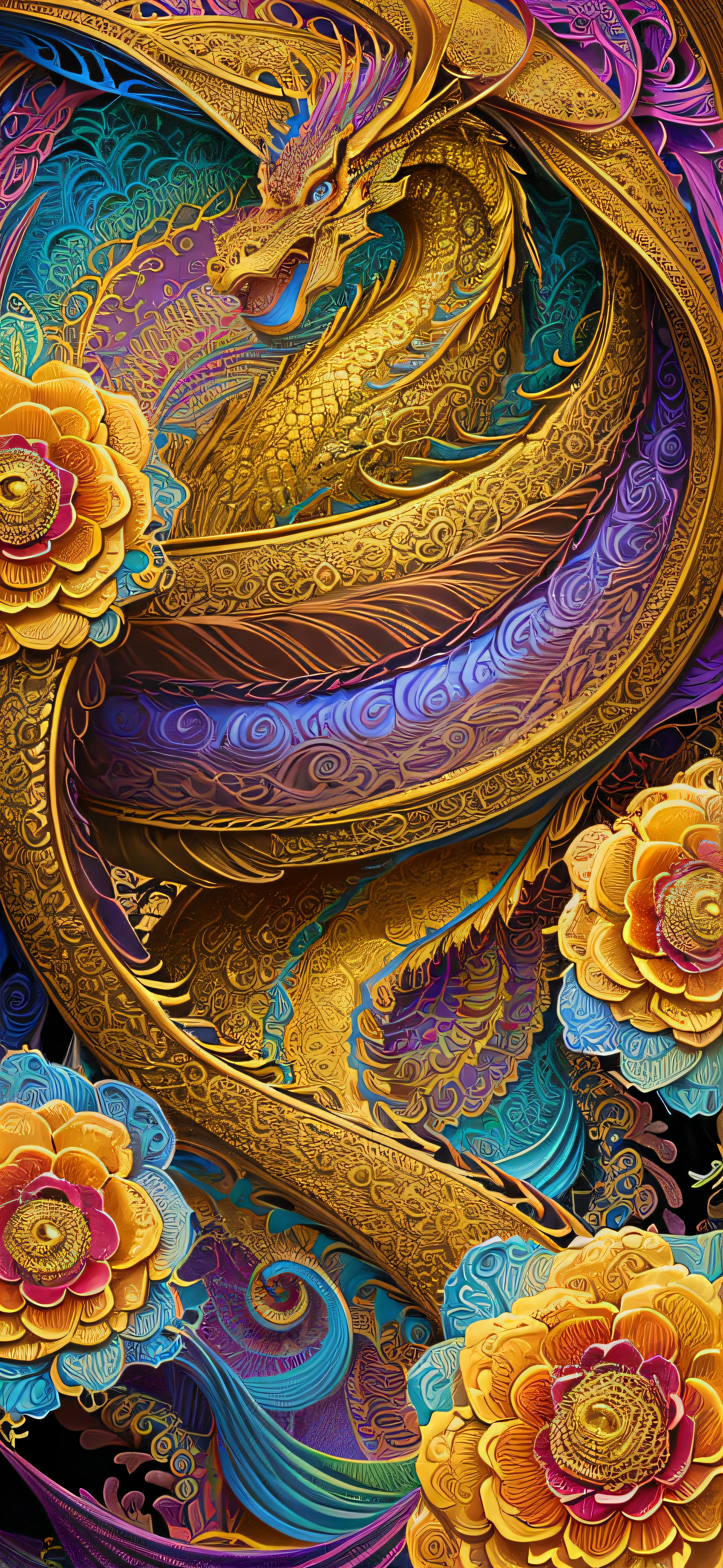 (masterpiece, top quality, best quality, official art, beautiful and aesthetic:1.2), (1golden dragon:1.3), extremely detailed,(fractal art:1.1),(colorful:1.1)(flowers:1.3),highest detailed,(zentangle:1.2),(abstract background:1.3),  (shiny skin), (many colors:1.4)
