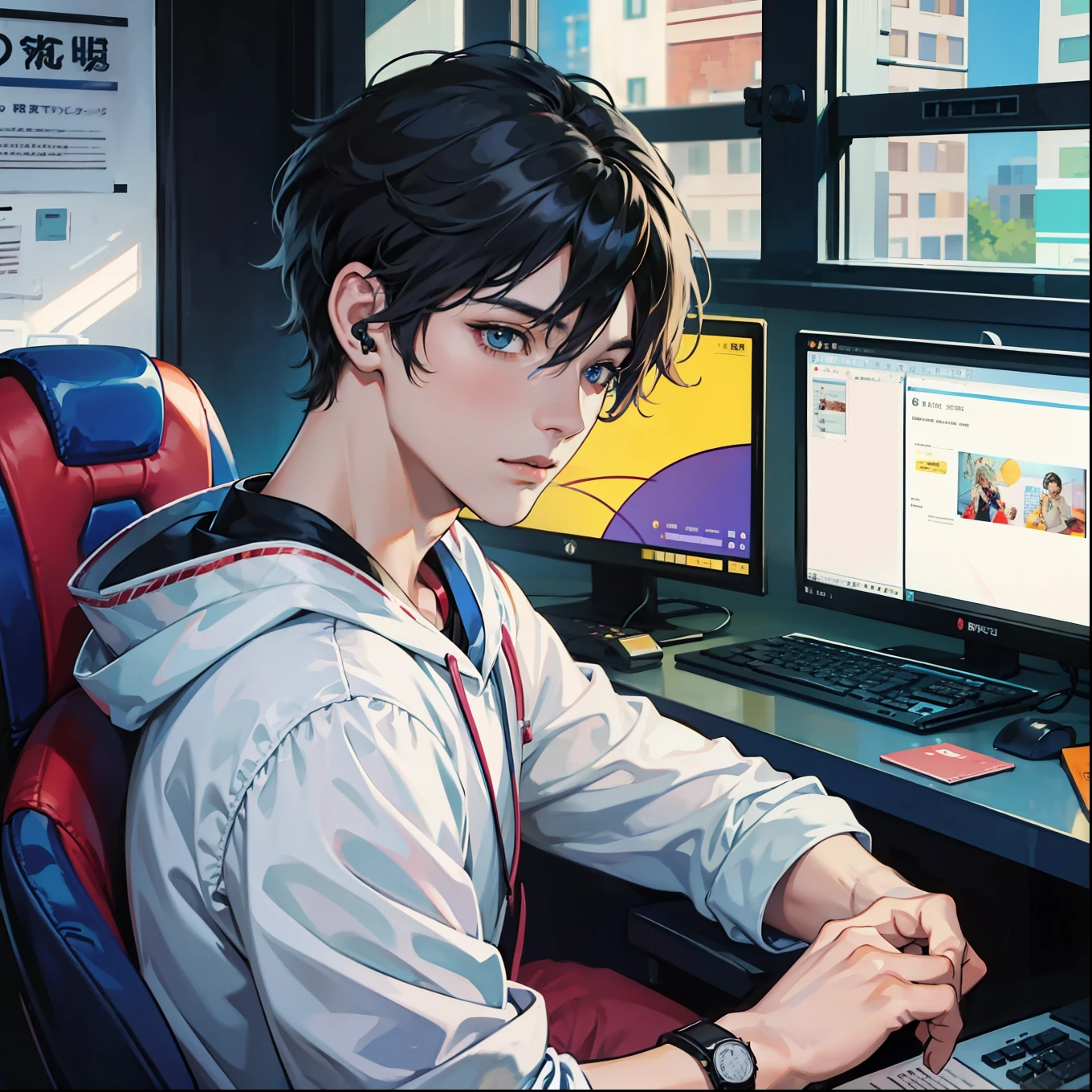 Anime boy calls to talk, ig studios anime style, nightcore, style of anime4 K, High quality anime art style, Anime boy, young anime man, Anime art style, Digital anime illustration, Anime style. 8K, in an anime style, male anime character, Kawasi,best qualtiy:1.0),(超高分辨率:1.0),Anime boys,with short black hair,blue color eyes,sitting in front of the computer,Speak into the microphone,The background is in the esports room,Earphone,The head is close to the microphone,8K