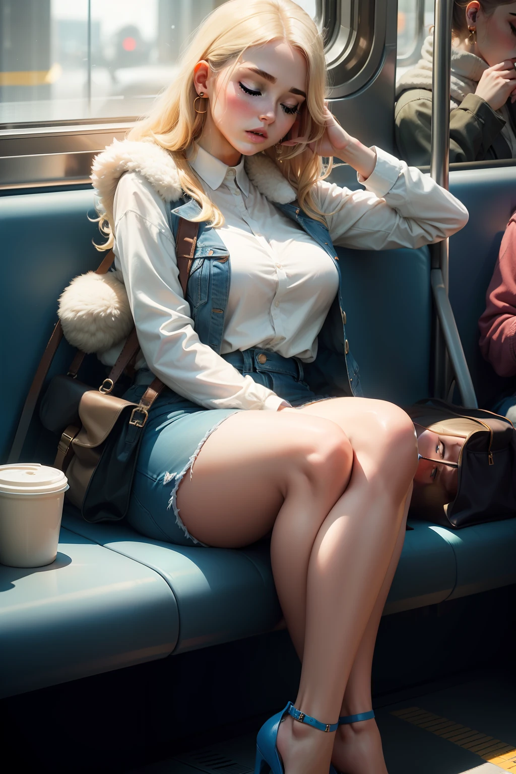 1 beautiful woman, large body, young blonde, eyes closed, blonde woman, face made up, eyelids outlined with makeup, long eyelashes, eyelids made up, eyelids outlined with makeup, White long-sleeved shirt, ANIMAL fur closed VEST, small EARRINGS, BLUE jean pants, ankle length jean, CREAM high HEELS shoes, blue BAG, asleep with her mouth open, asleep lying on the train seat, arms down, head LEANING on the train window, MOUTH OPEN.