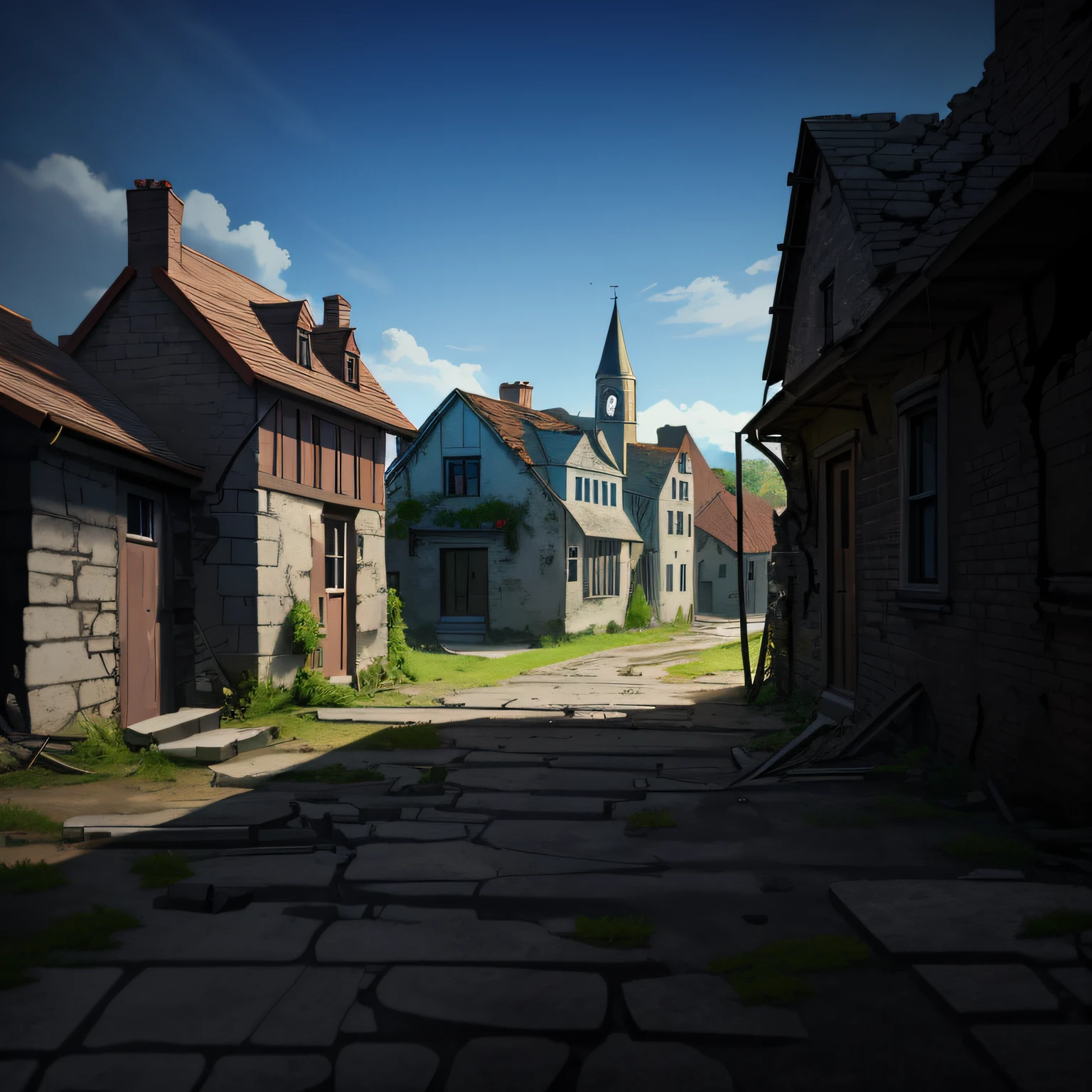 illustratio　anime screenshot　　Ocean wind　Not Japan　Ruined house　Brick house　cobblestone road　Medieval Europe　Old Western-style house　Crumbling brick house　　　Unpaved cobblestones　 　 Ruined house　Houses with a small number of colors　A house on the verge of collapse　desolate　　　Fine line art 2020s anime