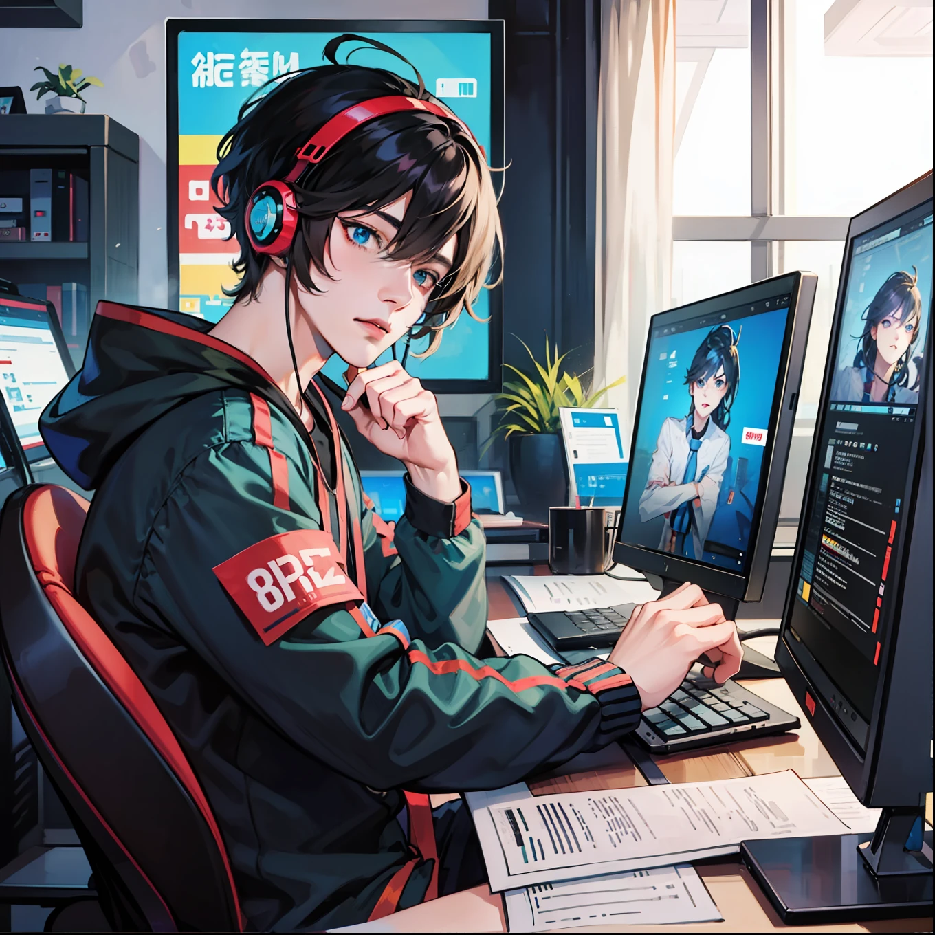 Anime boy calls to talk, ig studios anime style, nightcore, style of anime4 K, High quality anime art style, Anime boy, young anime man, Anime art style, Digital anime illustration, Anime style. 8K, in an anime style, male anime character, Kawasi，best qualtiy：1.0），（超高分辨率：1.0），Anime boys，with short black hair，blue color eyes，sitting in front of the computer，Speak into the microphone，The background is in the esports room，Earphone，The head is close to the microphone,8K