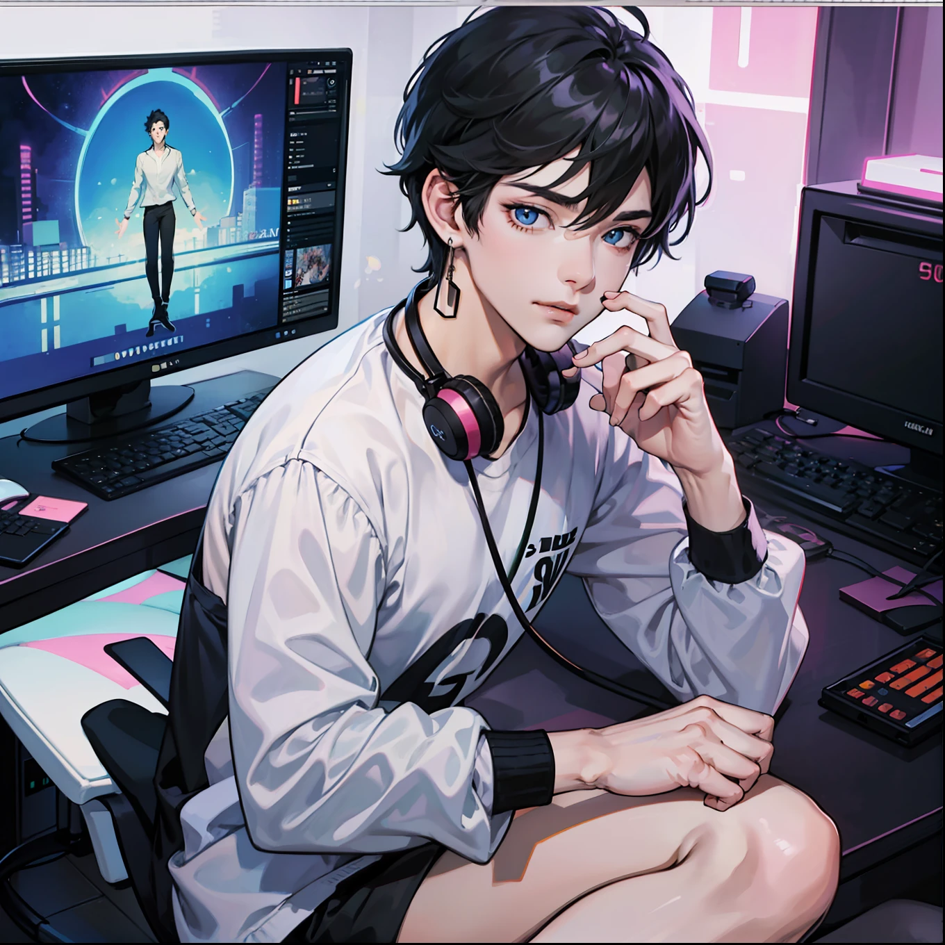 Anime boy calls to talk, ig studios anime style, nightcore, style of anime4 K, High quality anime art style, Anime boy, young anime man, Anime art style, Digital anime illustration, Anime style. 8K, in an anime style, male anime character, Kawasi，best qualtiy：1.0），（超高分辨率：1.0），Anime boys，with short black hair，blue color eyes，sitting in front of the computer，Speak into the microphone，The background is in the esports room，Earphone，The head is close to the microphone,8K