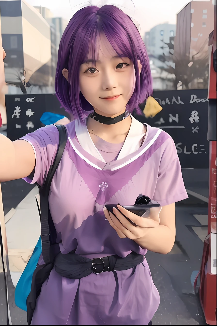 1girl, Sumire Kakei, Purple shirt , Short hair, Purple hair, Braid hair, Long hair, realistic, ultra detail, 70 mm lens