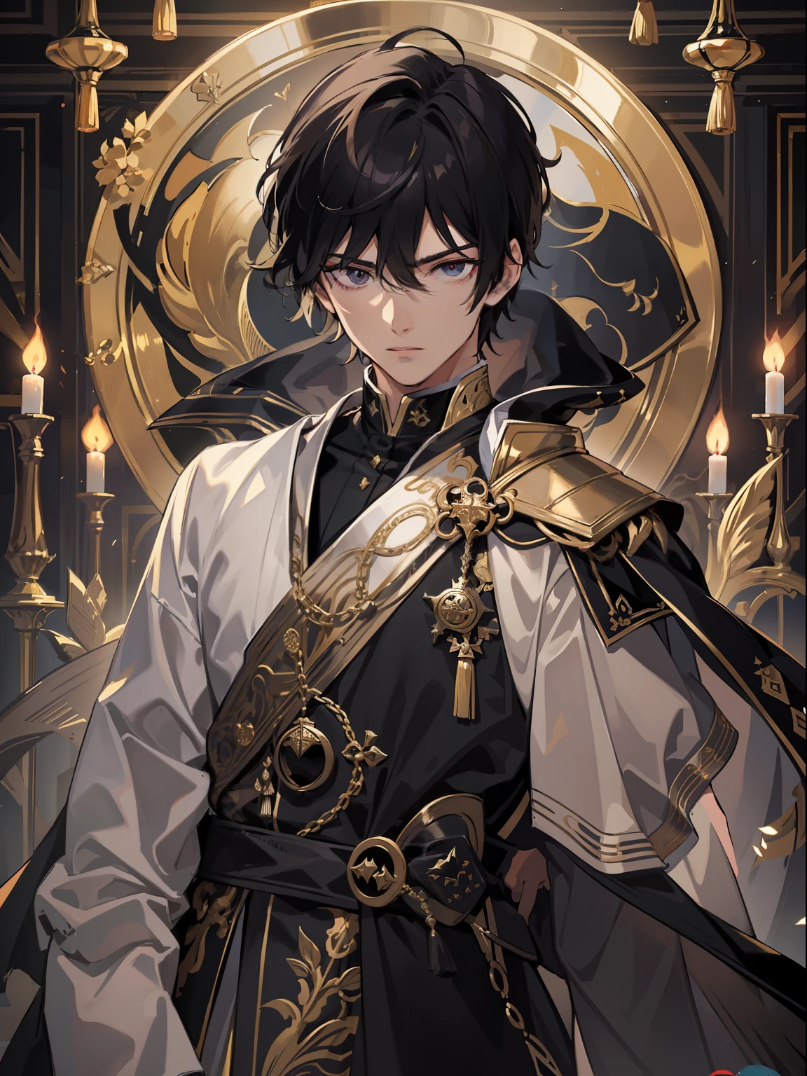 A high resolution，（Masterpiece level：1.4），Super detailed，Black-haired boy，blackigeyes，Elegant aristocratic countenance，Wearing a black robe，The robe has a gold pattern，Handsome guy with a sword，Image quality up to 8K，Optimal color rendering，Best shadow effect，The best quality graphics，Full body like