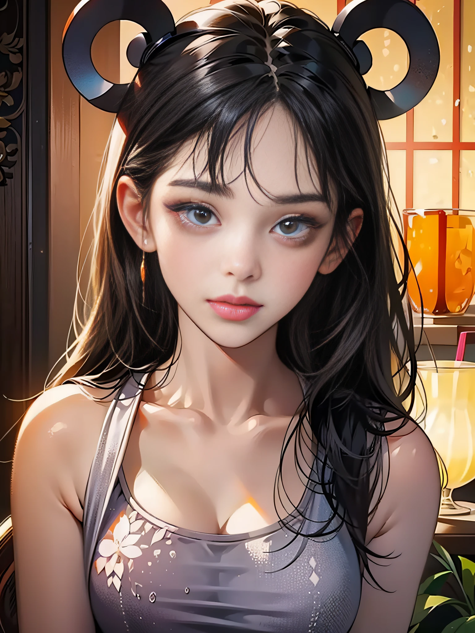 A young girl holds a glass of juice with a straw, Chinese big-eyed girl,Close to face,3D,C4D, true to life, Neon colored clothes,watered eyes,Disney style, Ultra photo realsisim,Clean picture