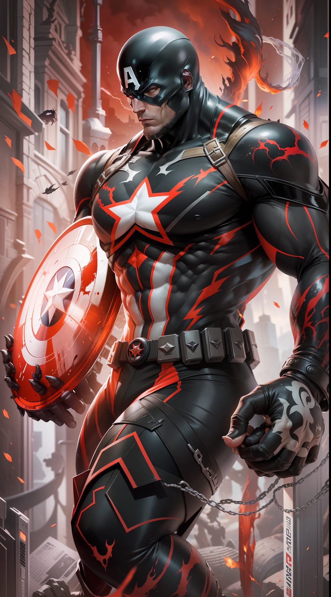 Stunning illustration,ultra 8k resolution, Comic book masterpiece, escudo de fondo de pantalla,The fusion of Captain America with the Venom symbiote would result in stunning black and flexible armor with white and red accents..., combining the iconic look of the Captain with the intimidating, Organic appearance of the symbiont. Symbiosis would improve your physique, giving it strength, agilidad y resistencia sobrehumanas, which would make him a formidable warrior on the battlefield..