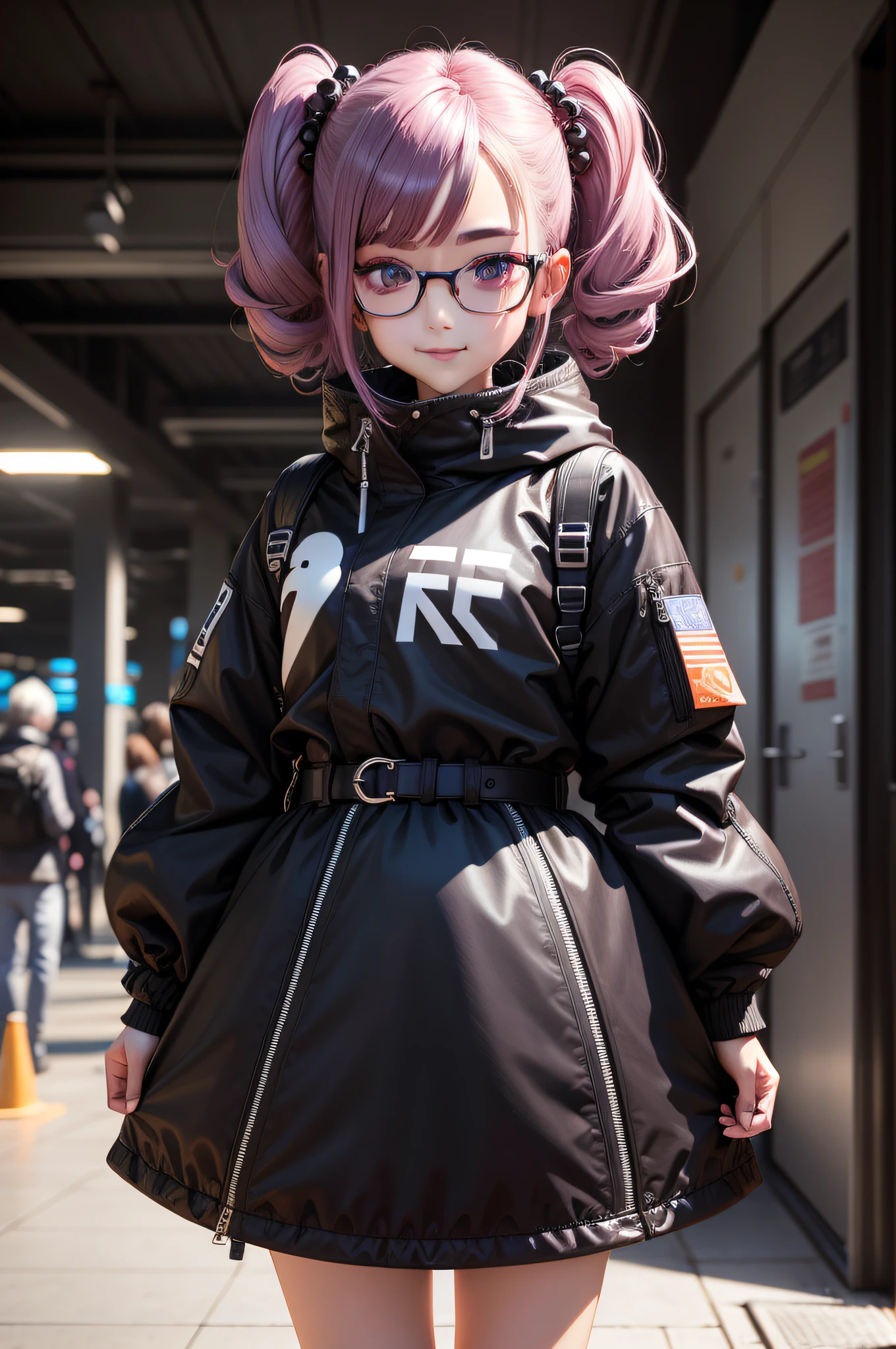 Trendy outfits, whaite hair, hair bobbles, goggles, Moles under eyes, constricted pupil, eyeball, Colored Contact Lenses,, Smile, jitome, Daoyagao, god light, projected inset, angle of view, Wide shot, Sony FE GM, surrealism,, hyper photorealism, hyper HD, A high resolution, High details, High quality, Super detail,Full body photo