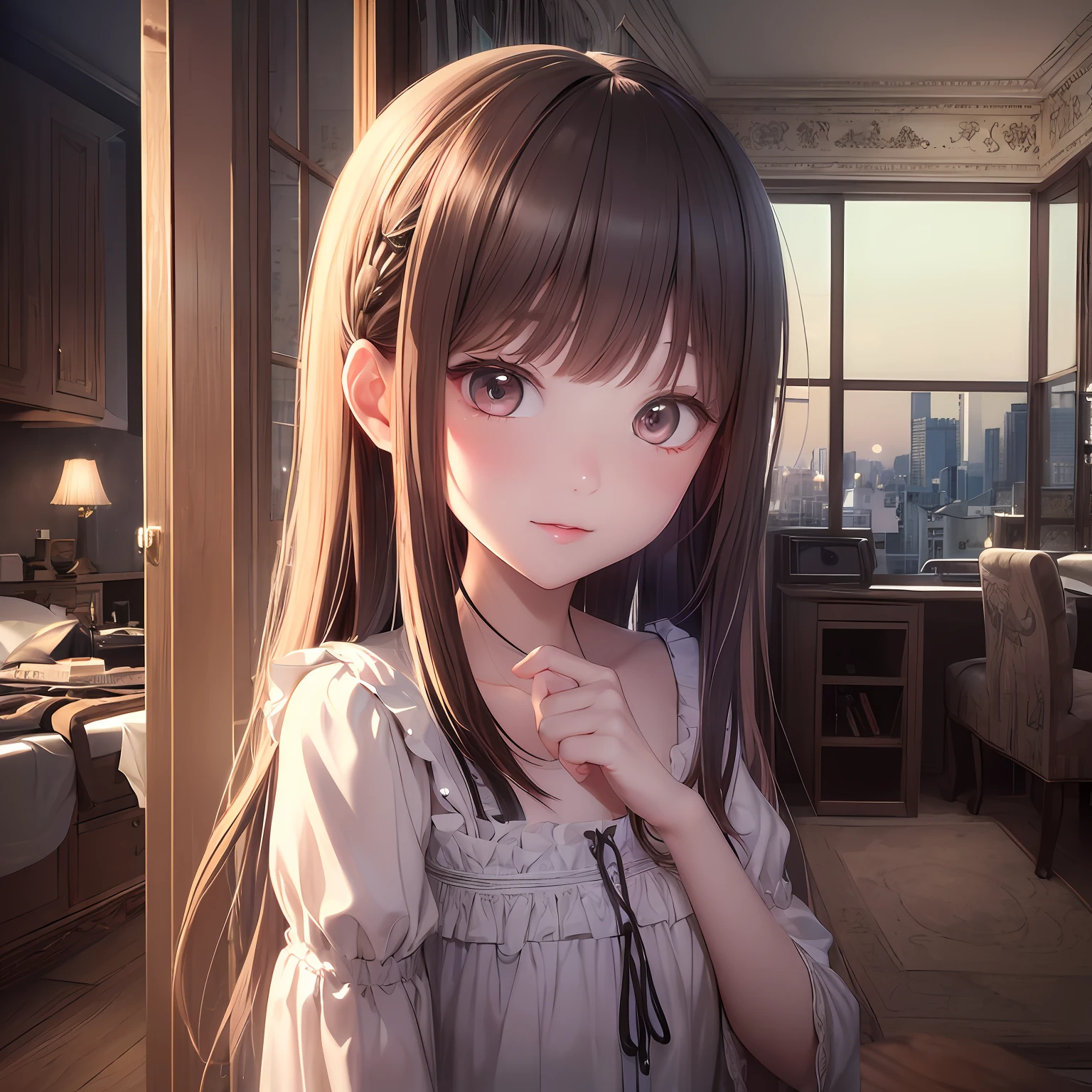 (masterpiece), best quality, ultra-detailed, extremely detailed CG unity 8k wallpaper。 The picture is mainly based on the touching girl, showing her cute eyes and delicate and beautiful appearance, full of cute lolile. The picture style is light, and it can also show a soft emotional atmosphere.