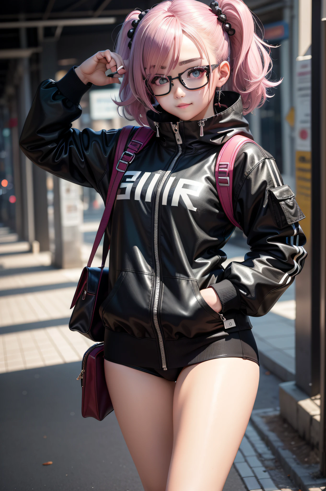 Trendy outfits, whaite hair, hair bobbles, goggles, Moles under eyes, constricted pupil, eyeball, Colored Contact Lenses,, Smile, jitome, Daoyagao, god light, projected inset, angle of view, Wide shot, Sony FE GM, surrealism,, hyper photorealism, hyper HD, A high resolution, High details, High quality, Super detail,Full body photo