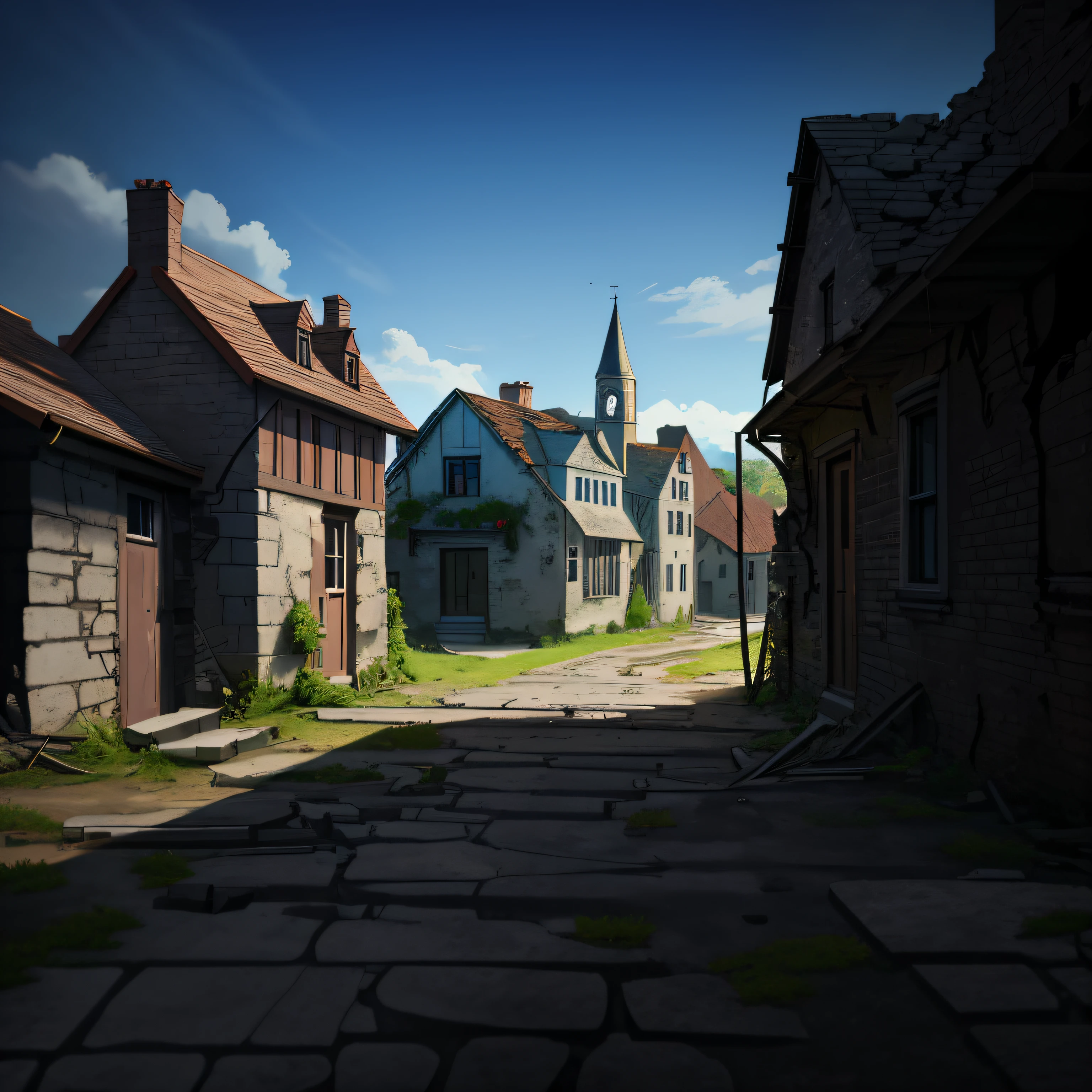 illustratio　anime screenshot　　Ocean wind　Not Japan　Ruined house　Brick house　cobblestone road　Medieval Europe　Old Western-style house　Crumbling brick house　　　Unpaved cobblestones　 　 Ruined house　Houses with a small number of colors　A house on the verge of collapse　desolate　　　Fine line art 2020s anime