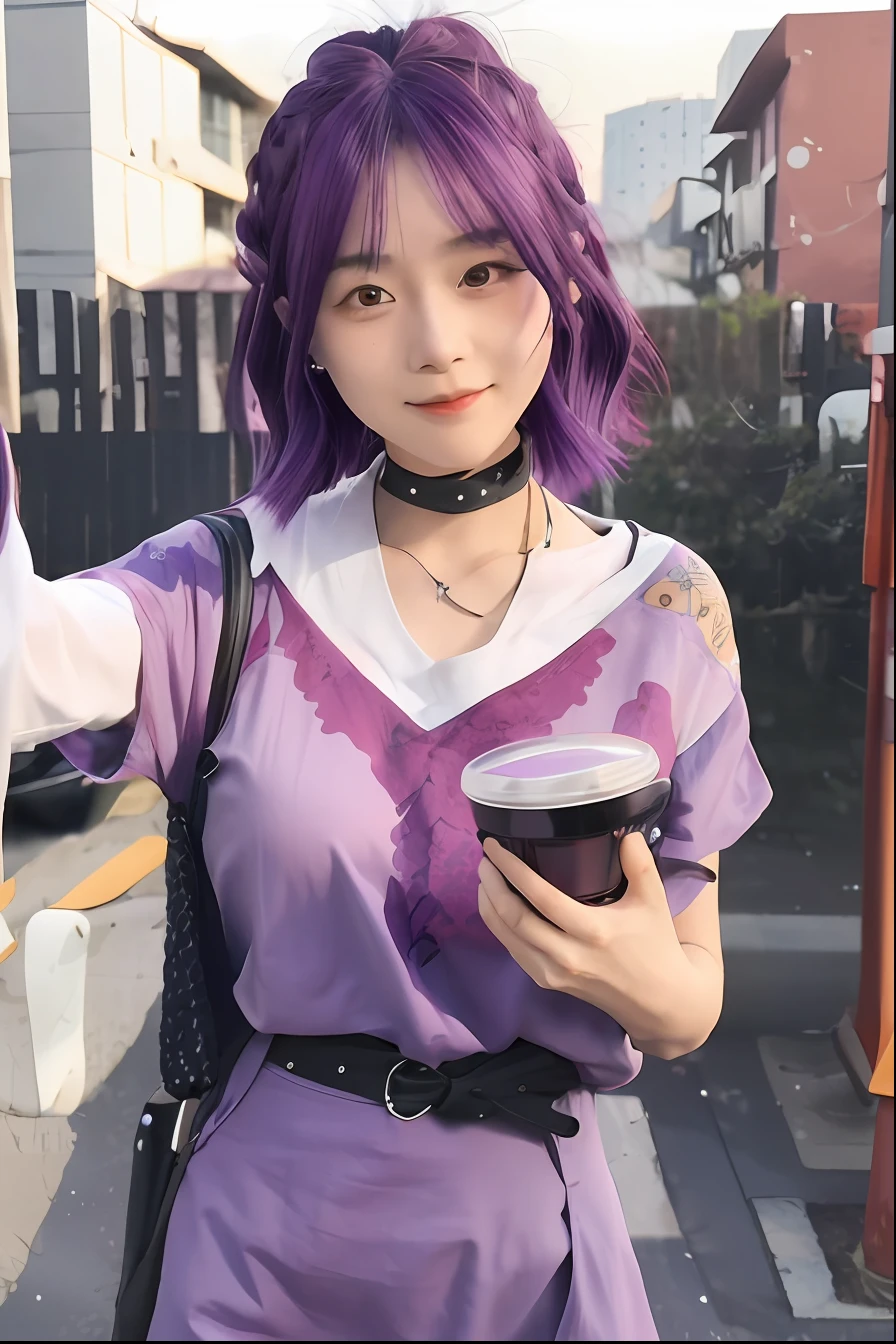 1girl, Sumire Kakei, Purple shirt , Short hair, Purple hair, Braid hair, Long hair, realistic, ultra detail, 70 mm lens
