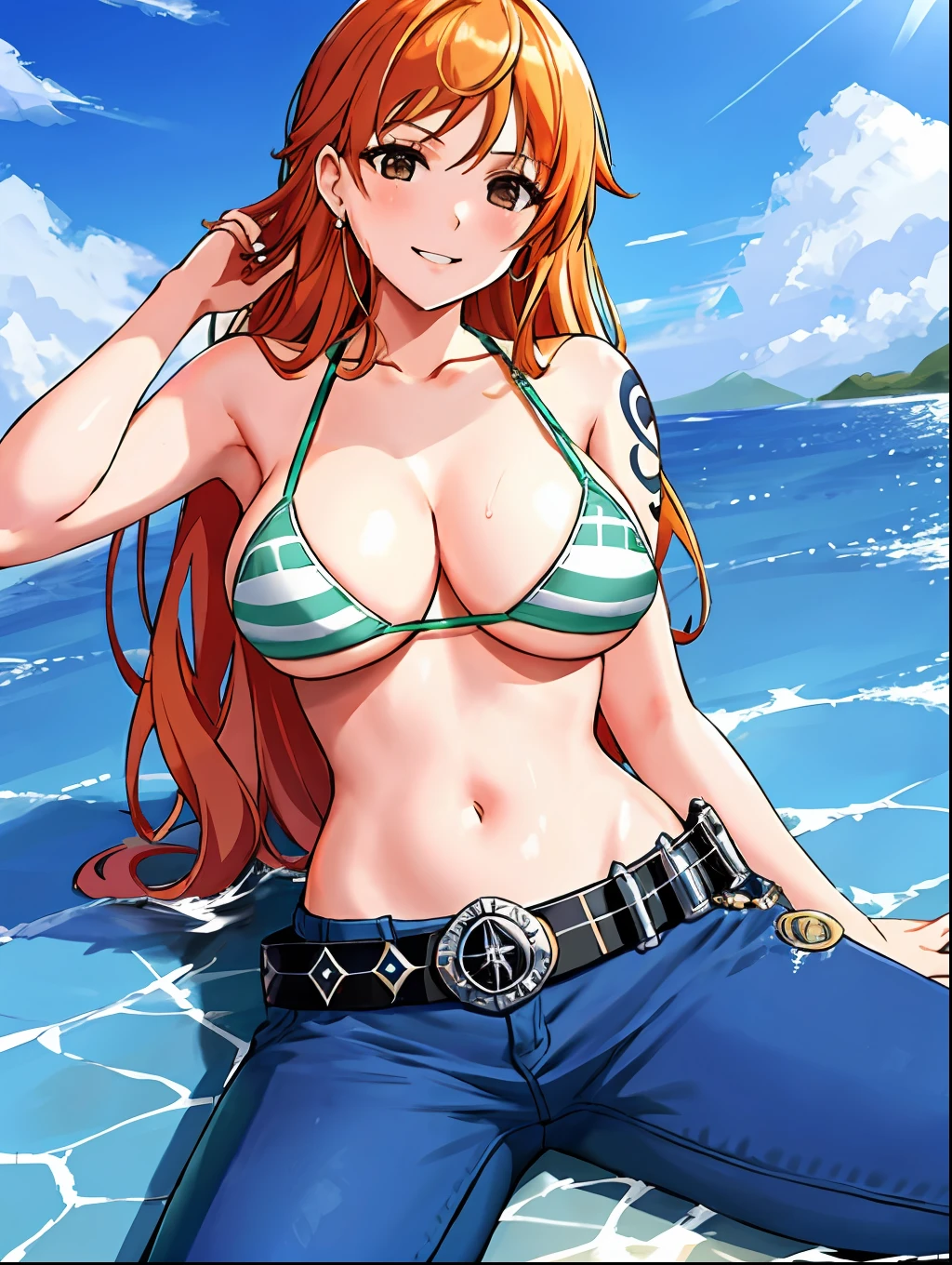 detailed background, masterpiece, 4k, epic, best quality, late youth, adult, milf, athlete body, 1girl, active, energic, ((wide open mouth, smile, lying on the ground, fully lying down, open eyes, hands spread sideway)) , solo, nami \(one piece\), 1girl, bangle, (very missy hair, tired, open mouth, feeling hot, tilting head, both hands spreadeagled, serious, hurt, glaring, open eyes, looking up, perfect detailed face, round face) bold drawing lines, muscular arms, detailed bold arm lines, flat jaw, adult woman, wavy wide streaked bangs, floating bang, (big cheeks), bare shoulders, off-shoulders, belt, bikini, bikini top only, blue sky, bracelet, springy breasts, breast lines, big round eyes, very big brown shiny eyes, bubbles, high eye position, cleavage, cloud, day, denim, earrings, floating hair, shiny hair, green belt, green bikini, bold groin lines, jeans, jewelry, medium breasts, log pose, long hair, looking at viewer, long navel, wet hair, orange hair, pants, shoulder tattoo, sidelocks, sky, solo, stomach, swimsuit, tattoo, detailed left arm, big forehead, hourglass figure, small head, toned body, wide hair, wind effect, sun effect, under the sun, narrow small ears angle, older, straight shot,