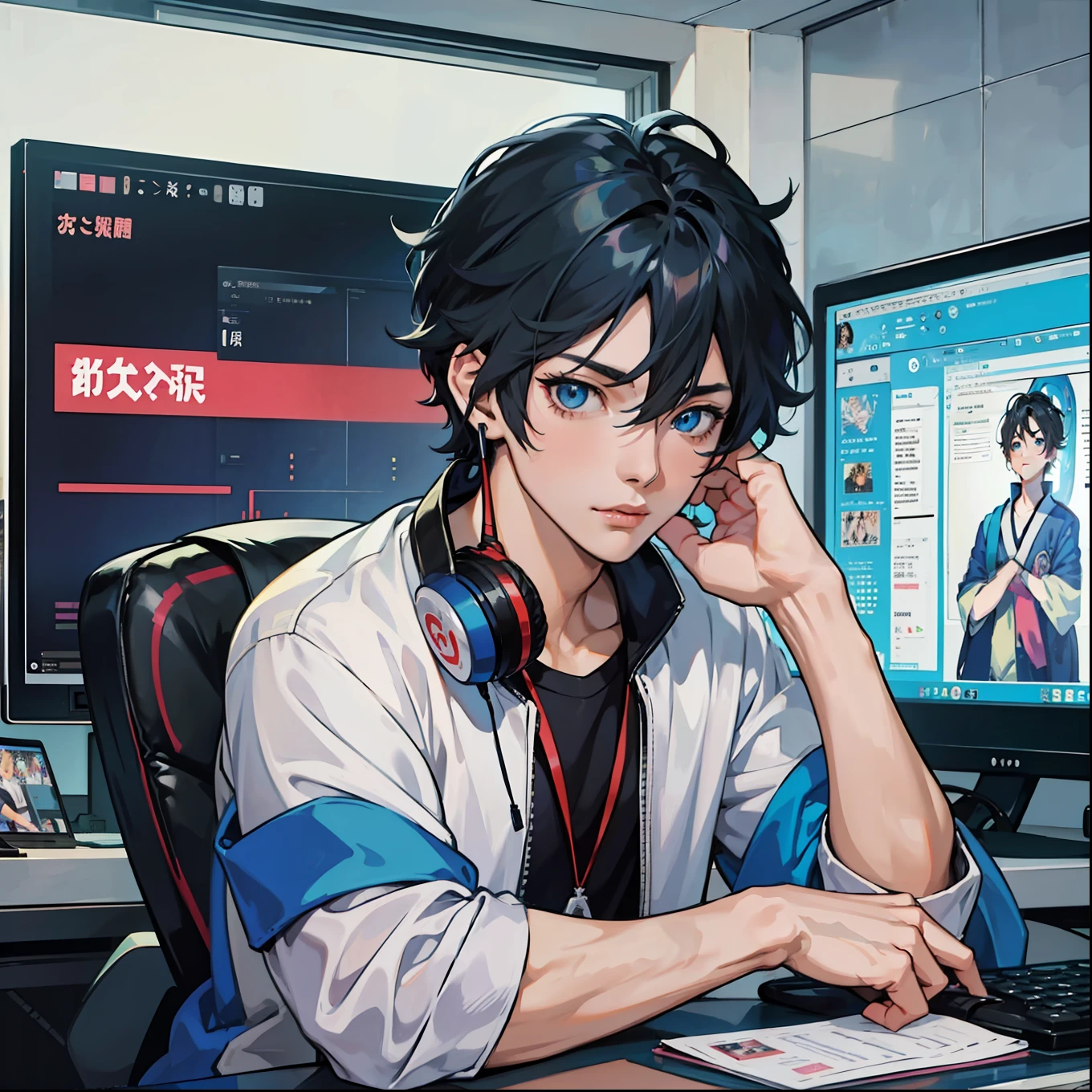 Anime boy calls to talk, ig studios anime style, nightcore, style of anime4 K, High quality anime art style, Anime boy, young anime man, Anime art style, Digital anime illustration, Anime style. 8K, in an anime style, male anime character, Kawasi,best qualtiy:1.0),(超高分辨率:1.0),Anime boys,with short black hair,blue color eyes,sitting in front of the computer,Speak into the microphone,The background is in the esports room,Earphone,The head is close to the microphone,8K