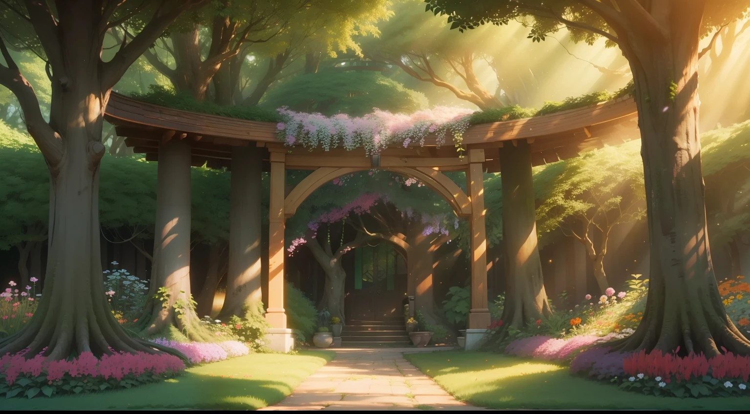A lush forest filled with diverse and colorful trees, bathed in golden sunlight, Studio ghibli style, an beautiful exotic flowery arbor in center surrounded by pleasing Hedgerow, very pleasing colors, meadow, flowers must be small, very pleasing colors, high quality, 8k, Soft instrumental music plays in the background