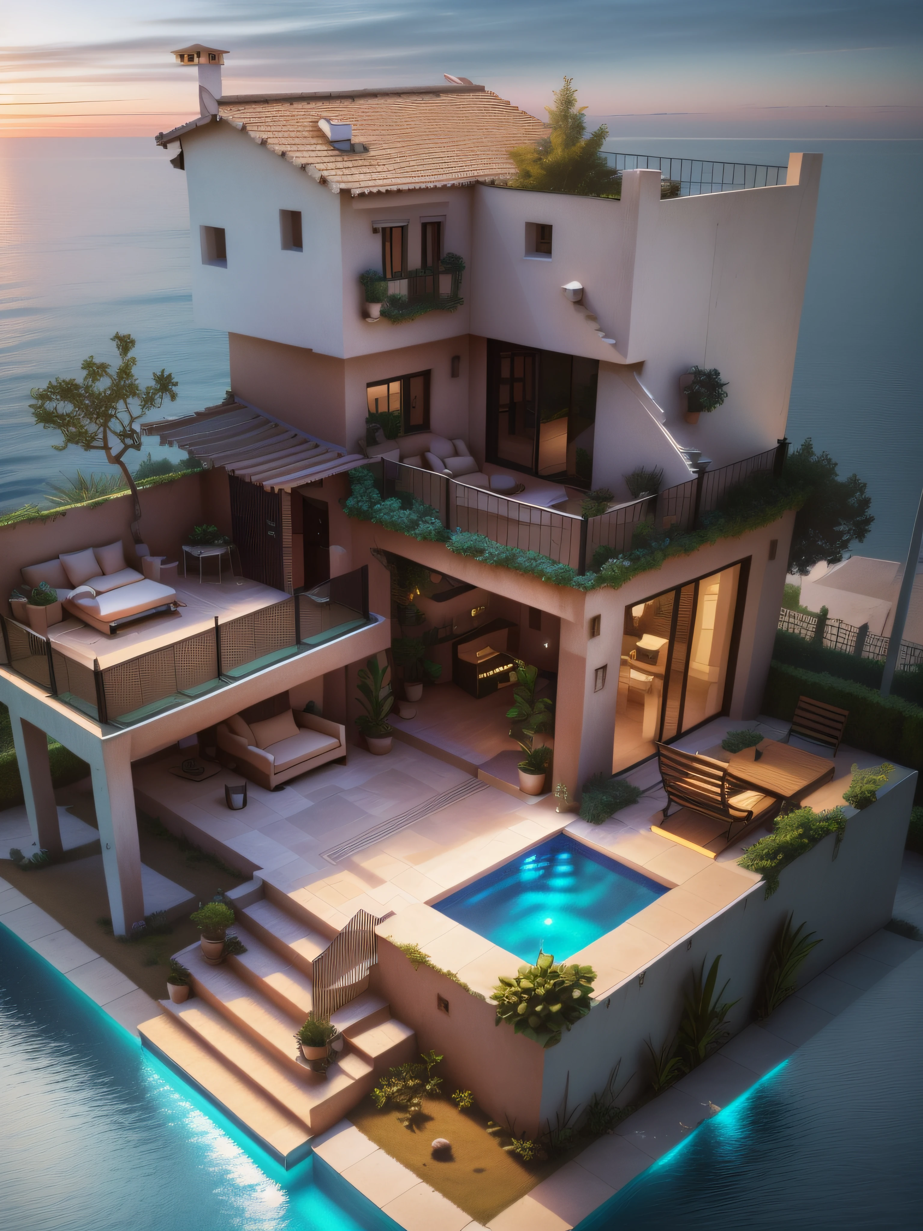 Alafid view of the house with pool and terrace, realistic 3 d style, Realistic architecture, Realistic style, casa completa, overall architectural design, inter dimensional villa, looks realistic, very very very realistic, Isometric house, Very realistic, hyper realisitc, style of surrealism, “hyper realistic, with a fishpond and courtyard, very hyperrealistic