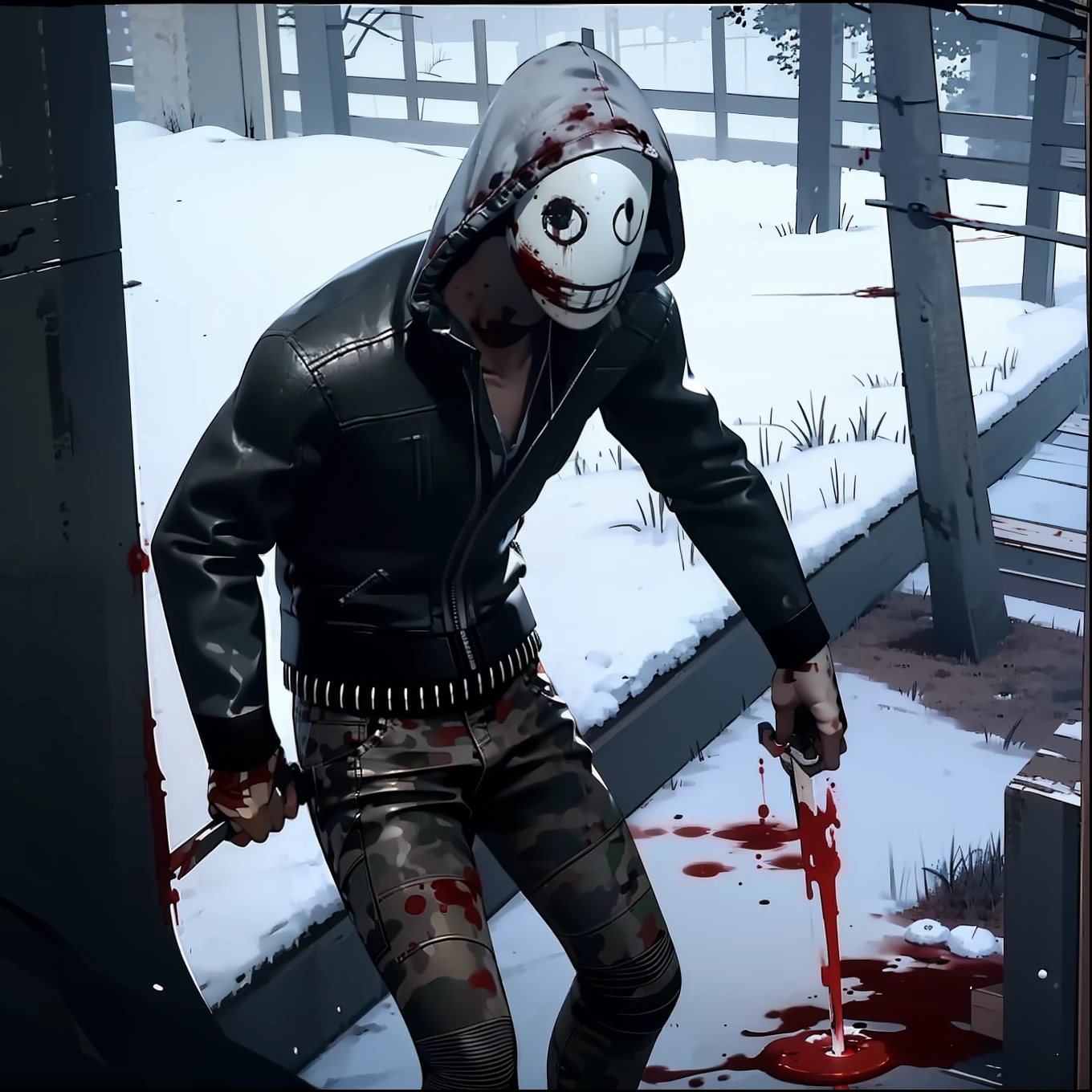 leg1,1boy, Frank Morrison, dead by daylight, bloody mask, grey hoodie, leather jacket, camouflage pants, bullet belt, bloody bandaged hands, holding bloody knife, male focus, skull neck tattoo, looking at viewer, (blood:1.3), outside, snow, dynamic angle