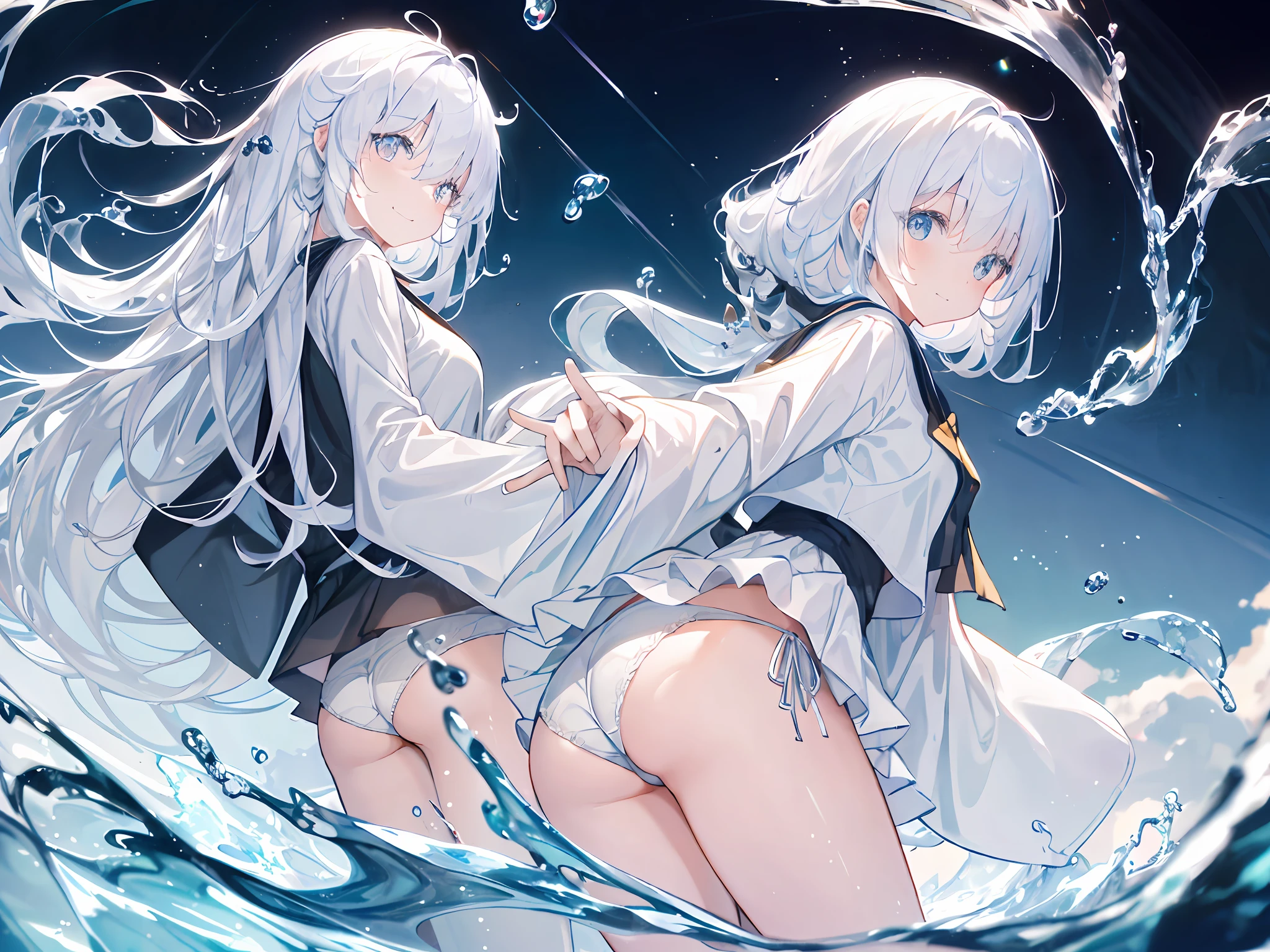 (Background with), tmasterpiece, best qualtiy, illustration, the wallpaper, hyper-detailing, absurderes, 1girll, 独奏, (liquid hair:1.2), beatiful detailed eyes,
By bangs, cow boy shot, long whitr hair, magical , whaite hair, wave, Eau, water dripping, looking toward the viewer, wading,
(the street:1.5), suns, mostly cloudy sky,Huge white breasts,Exposed light blue panties,Ass face audience