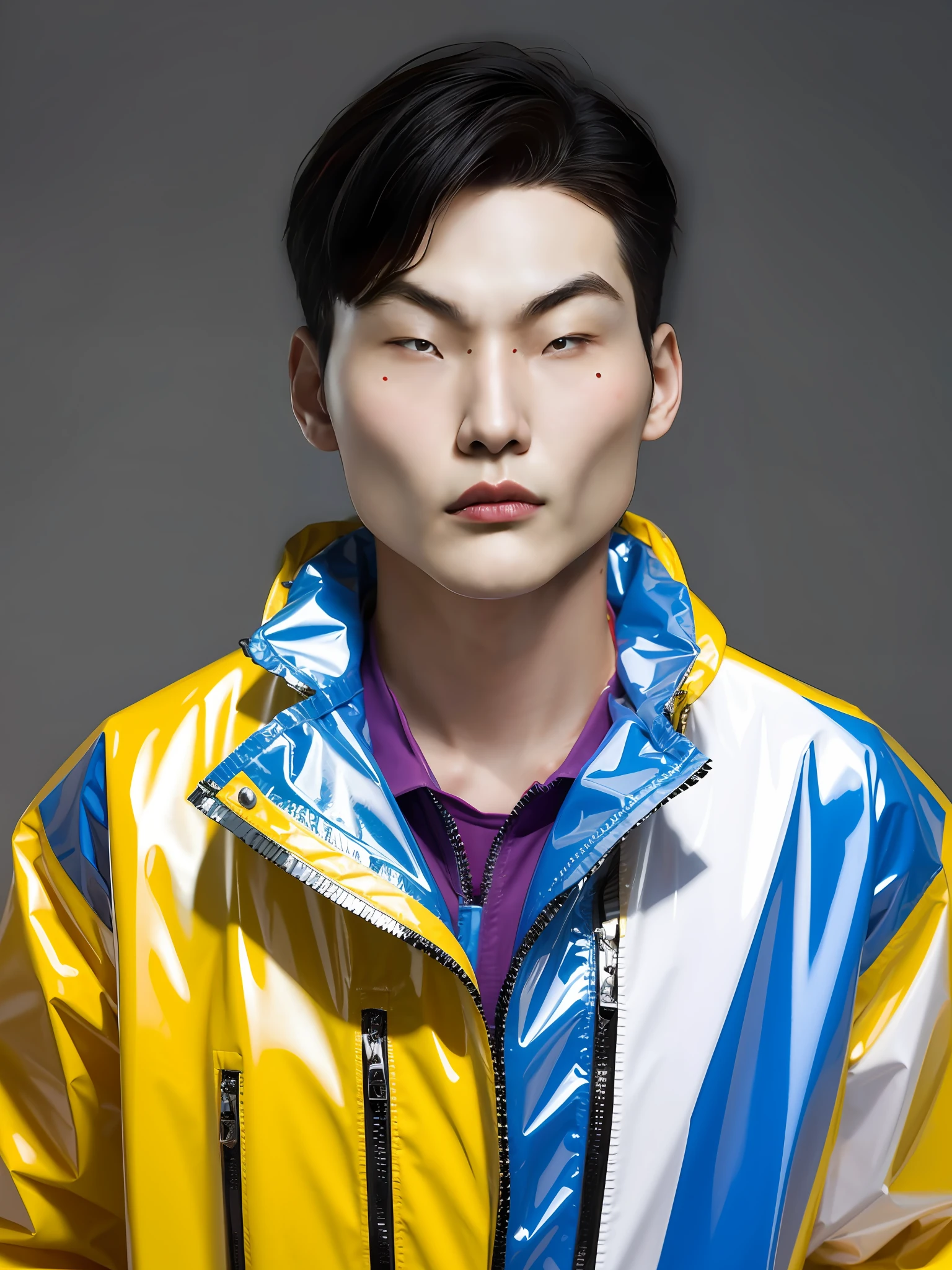 A Chinese male high school student,Wearing a PVC colored raincoat,There are zippers