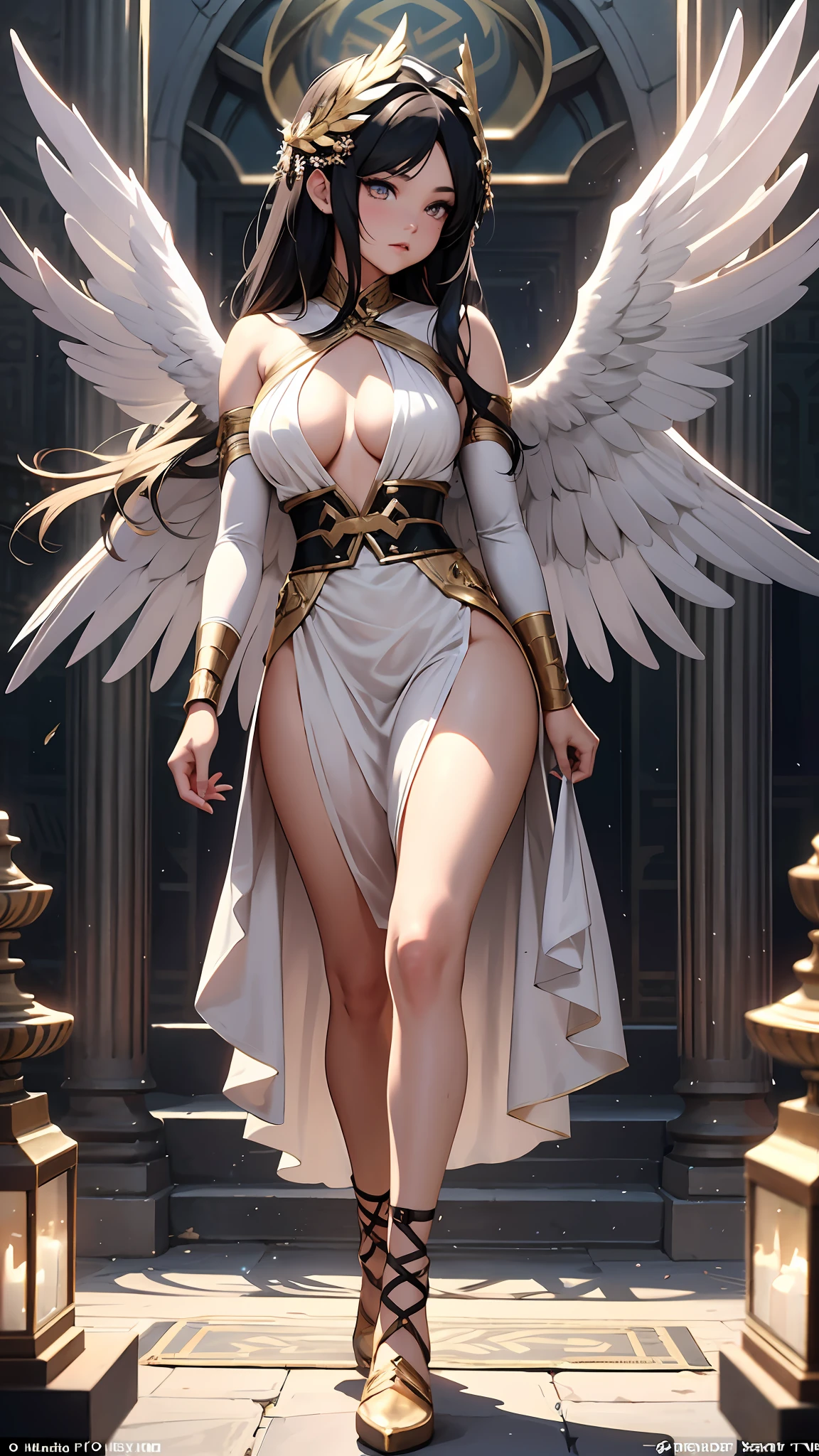 {Amazing female Egyptian angel}, Luminous Studio graphics engine, goth Renaissance, Long black hair with gold stripes,、Aetheric golden iris, dark tanned skin, gold, Ray tracing, full pouty lips, {defined eyebrows}, Crystalline, glitters, Detailed background of desert, White uniform, Sharp focus,no-bra、Watch the audience directly、Perfect and accurate anatomy, perfectly proportions、Quite curvy、爆乳、Tight waist、big assa、Well-trained thighs、Extremely detailed illustration, nearing perfection, Dynamic, Intricate details, hyper HD, 8K resolution, Glamour, glimmer, Ethereal, {art by:Ayami Kojima}, {fine art:Heisei}, art stations, Aesthetic, Gothic, Lace, concept-art, Uneven skin、((Walk forward-facing:1.5))、Cowboy shot、 Dreamy, back Lighting, Brighten your face、Fantastical, shadowy,