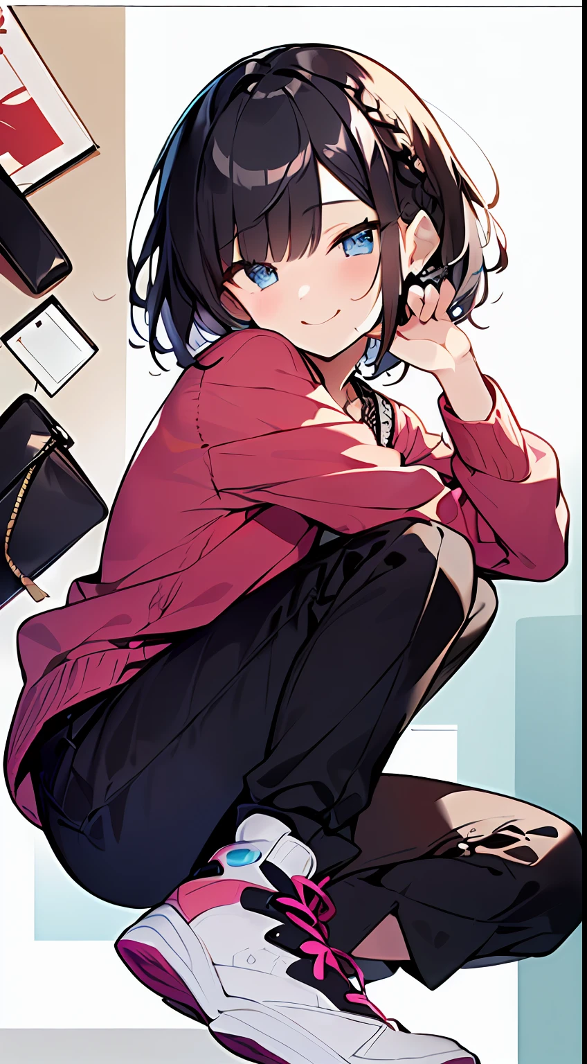 masutepiece, Best Quality,Illustration, Wallpaper, Ultra Detail, absurderes, 1girl in, Solo,(trouser、Cardigans in bright colors、High-tech sneakers)、(((Medium short hair)))、(((short braiding)))、Soft drawing、Beautiful black hair、Clear eyes、((A smile、Wink))、Beautiful and aesthetic:1.5