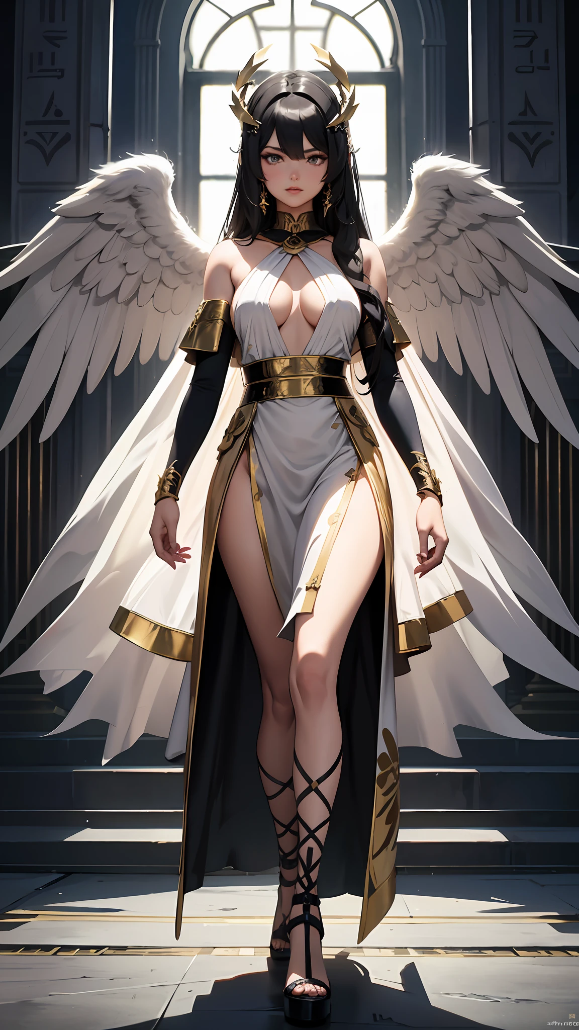 {Amazing female Egyptian angel}, Luminous Studio graphics engine, goth Renaissance, Long black hair with gold stripes,、Aetheric golden iris, dark tanned skin, gold, Ray tracing, full pouty lips, {defined eyebrows}, Crystalline, glitters, Detailed background of desert, White uniform, Sharp focus,no-bra、Watch the audience directly、Perfect and accurate anatomy, perfectly proportions、Quite curvy、爆乳、Tight waist、big assa、Well-trained thighs、Extremely detailed illustration, nearing perfection, Dynamic, Intricate details, hyper HD, 8K resolution, Glamour, glimmer, Ethereal, {art by:Ayami Kojima}, {fine art:Heisei}, art  stations, Aesthetic, Gothic, Lace, concept-art, Uneven skin、((Walk forward-facing:1.5))、Cowboy shot、 Dreamy, back Lighting, Brighten your face、Fantastical, shadowy,