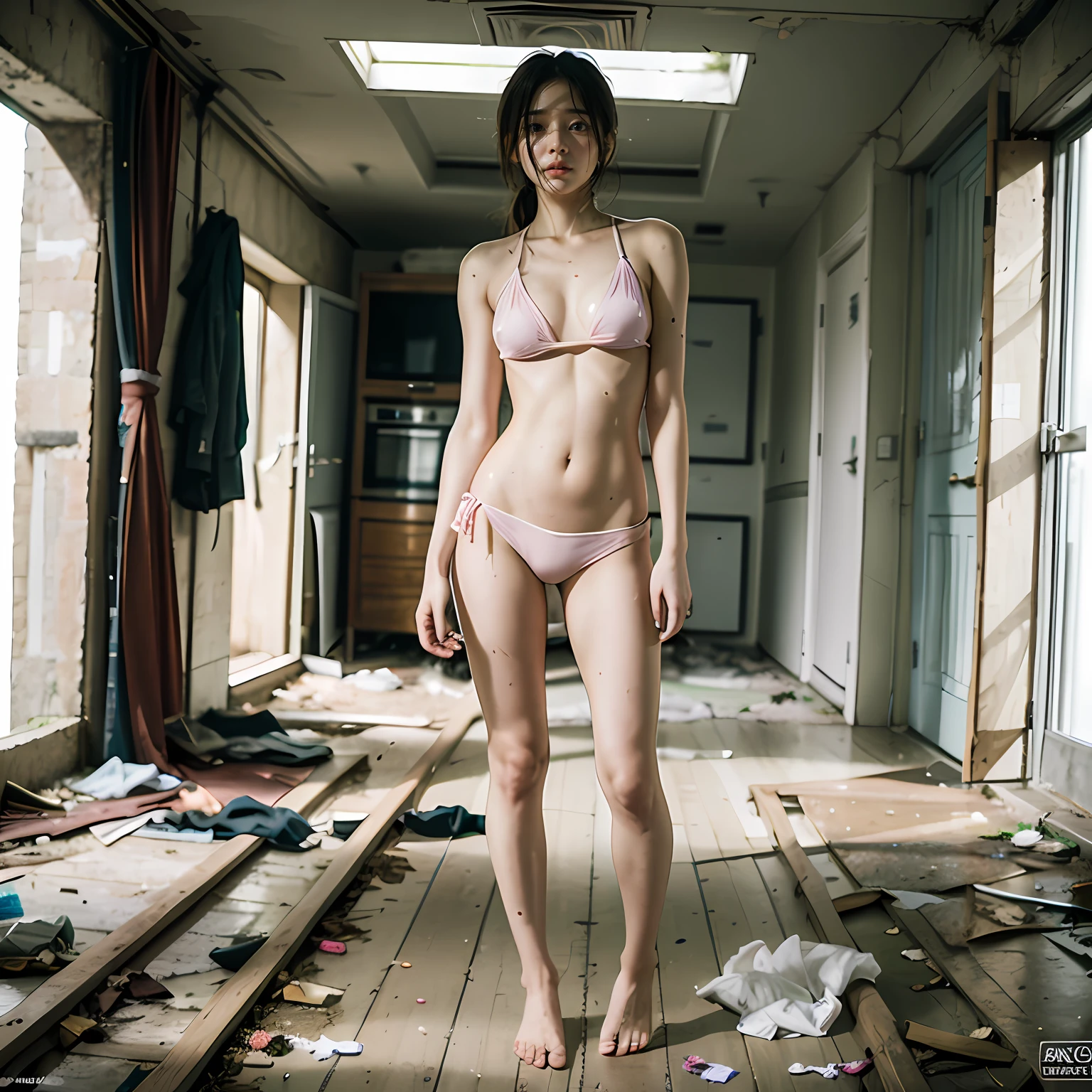 Abandoned schools，Pink transparent bikini，Very few clothes，Extreme exhibitionism，Sexy standing pose，Garbage all over the ground，grimy，Dilapidated，Devastated，best qualtiy，full-body portraits（1：1），18 years old girls，lean and slender body，Skinny，Smaller bust，Slender legs，The barefoot，junk，Leakage of the entire breast，Naked all over the body，face to the viewer，Nude 1.1