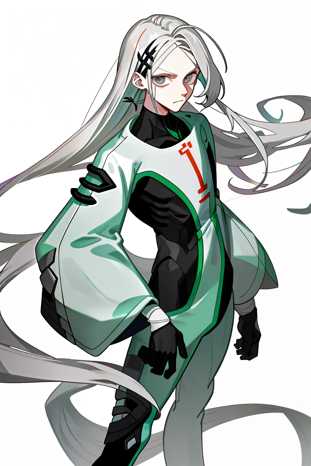{{Male body shape，Female face}} 。，{{One guy}} The whole body is painted and the face is haggard，Has thick dark circles，Unhealthy white，Long gray hair,With small colored hairpins，The figure is very thin，nakeness，With an unerect