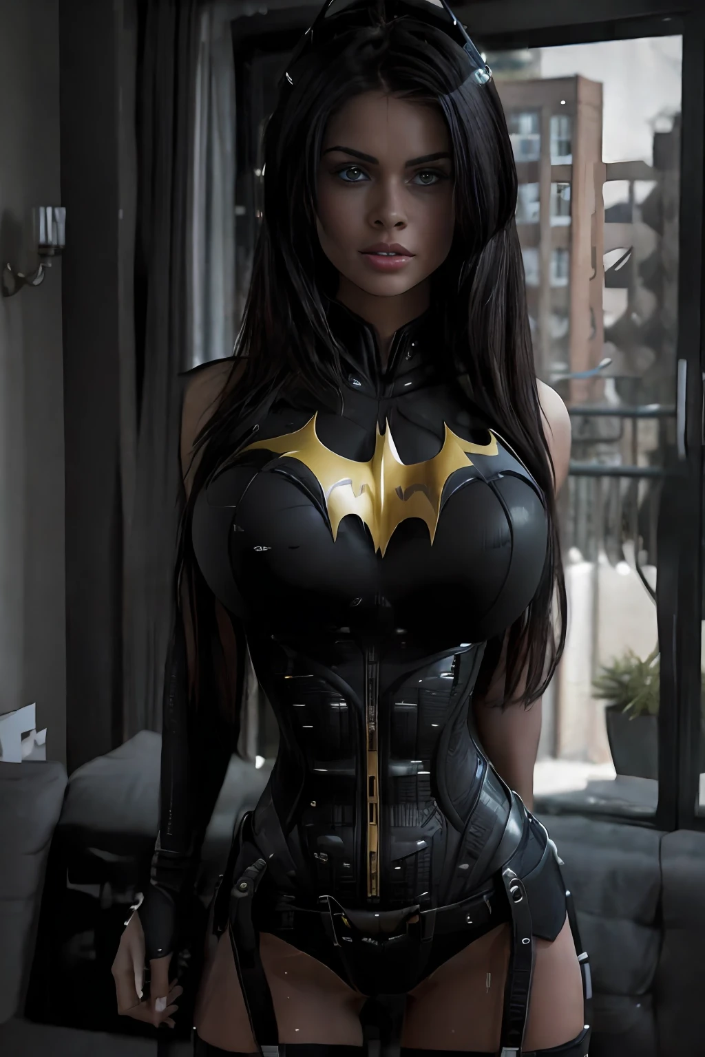 (Extremely detailed 8k wallpaper), a mid shot photo of batgirl, confident, sexy top, short top:1.2, calm, modern futuristic clothing, complex, highly detailed, and dramatic, cinematic lighting, bright scene, cameltoe:1.2, thigh gap, soft lights, large breasts:1.3, nsfw:1.2, fit girl, lean girl, dark gray clothes