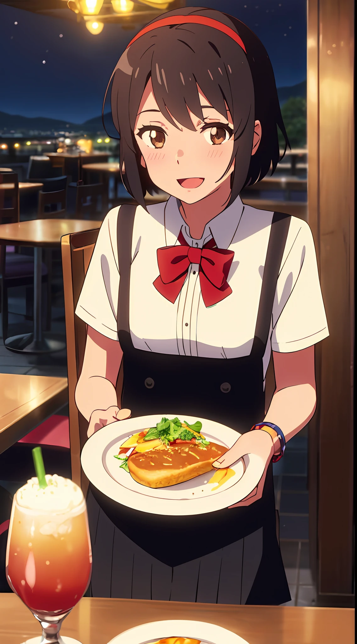 shinkai makoto, kimi no na wa., 1girl, bangs, black hair, blush, brown eyes, Suspender Clothes, looking at the viewer, collarbone, red bow, red headband, red ribbon, short hair, cute, solo, skirt, short sleeves, open mouth, night, bracelet, tavern setting, sitting, pov across table, eating, two hands, excited, happy, :D, cafe, resto, foods, drinks, table and chair