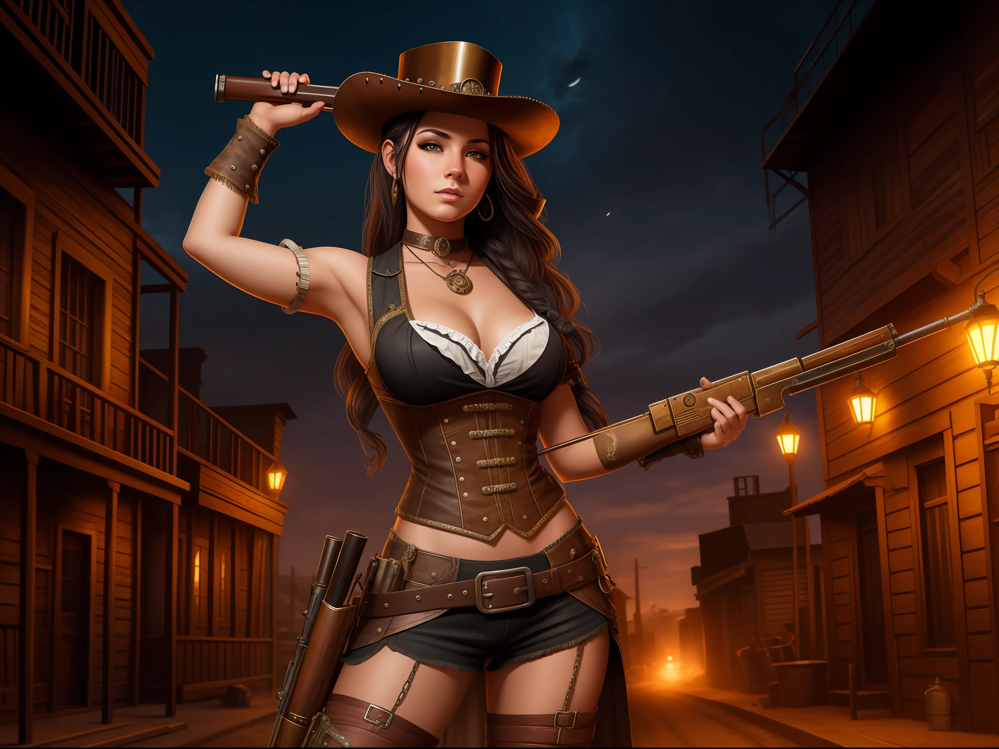Wild west saloon girl, steampunk elements, wielding shotgun, night time background