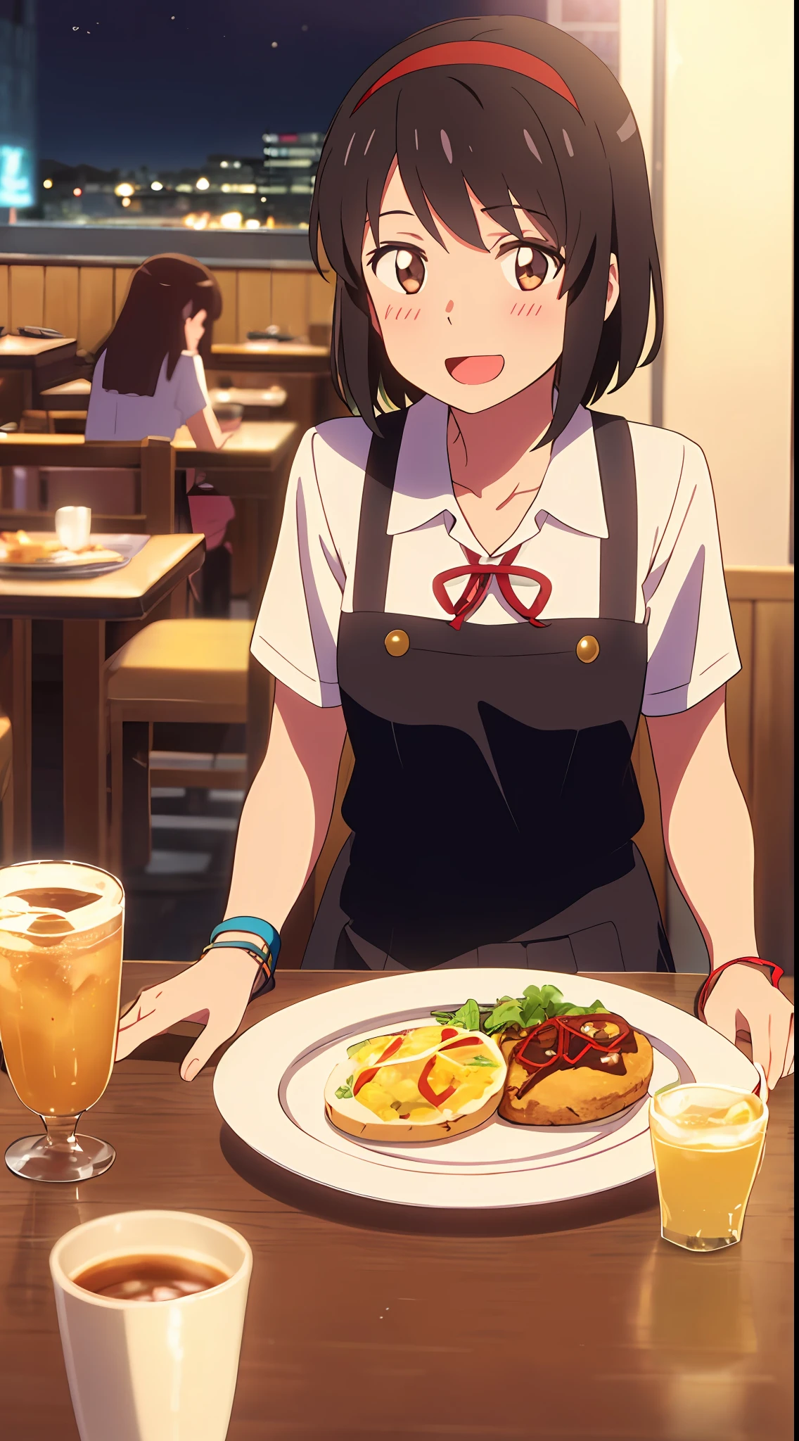 shinkai makoto, kimi no na wa., 1girl, bangs, black hair, blush, brown eyes, Suspender Clothes, looking at the viewer, collarbone, red bow, red headband, red ribbon, short hair, cute, solo, skirt, short sleeves, open mouth, night, bracelet, tavern setting, sitting, pov across table, eating, two hands, excited, happy, :D, cafe, resto, foods, drinks, table and chair