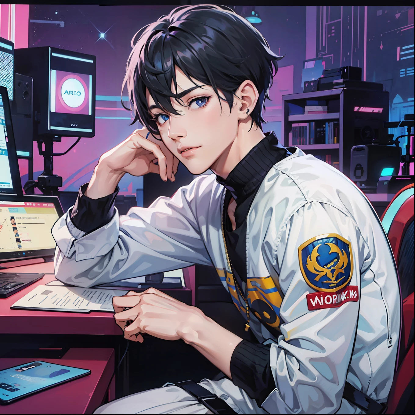 Anime boy calls to talk, ig studios anime style, nightcore, style of anime4 K, High quality anime art style, Anime boy, young anime man, Anime art style, Digital anime illustration, Anime style. 8K, in an anime style, male anime character, Kawasi，best qualtiy：1.0），（超高分辨率：1.0），Anime boys，with short black hair，blue color eyes，sitting in front of the computer，Speak into the microphone，The background is in the esports room，Earphone，The head is close to the microphone,8K
