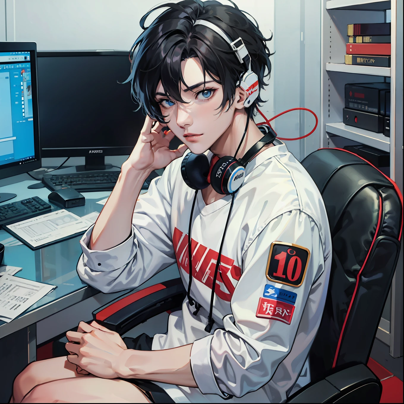 Anime boy calls to talk, ig studios anime style, nightcore, style of anime4 K, High quality anime art style, Anime boy, young anime man, Anime art style, Digital anime illustration, Anime style. 8K, in an anime style, male anime character, Kawasi,best qualtiy:1.0),(超高分辨率:1.0),Anime boys,with short black hair,blue color eyes,sitting in front of the computer,Speak into the microphone,The background is in the esports room,Earphone,The head is close to the microphone,8K