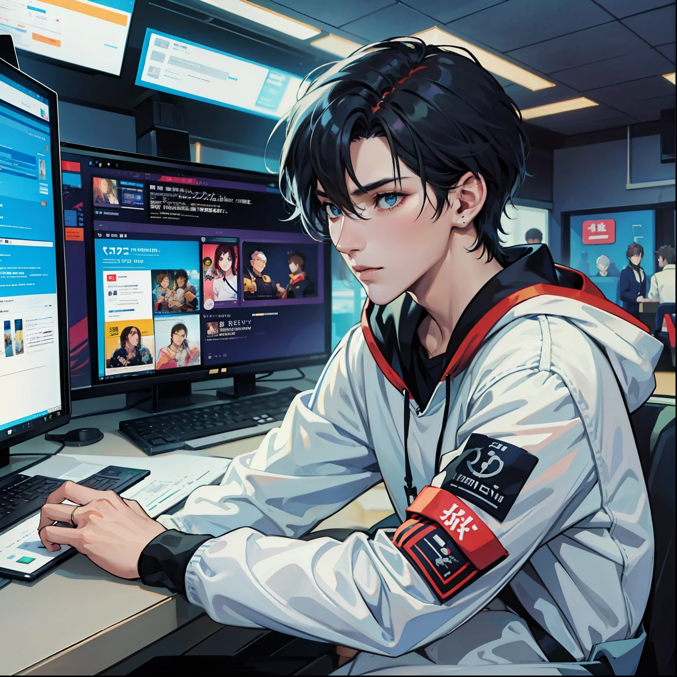 Anime boy calls to talk, ig studios anime style, nightcore, style of anime4 K, High quality anime art style, Anime boy, young anime man, Anime art style, Digital anime illustration, Anime style. 8K, in an anime style, male anime character, Kawasi,best qualtiy:1.0),(超高分辨率:1.0),Anime boys,with short black hair,blue color eyes,sitting in front of the computer,Speak into the microphone,The background is in the esports room,Earphone,The head is close to the microphone,8K