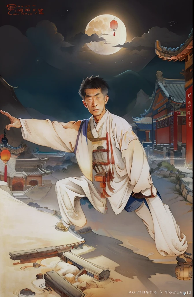 Ancient Chinese landscapes,Ancient buildings,Pavilions,Carved beams and paintings,enchanting scenery,Night,Moon light,Layered, Rich light and shadow,Mid-Autumn Festival, Ink painting style,clean color,Low-saturation colors,Colors of low brightness,Decisive cut,Leave white space,impressionistic,tmasterpiece,ultra - detailed,Epic composition, HighestQuali,hyper realisitc,Art germ ,Young men --v 6