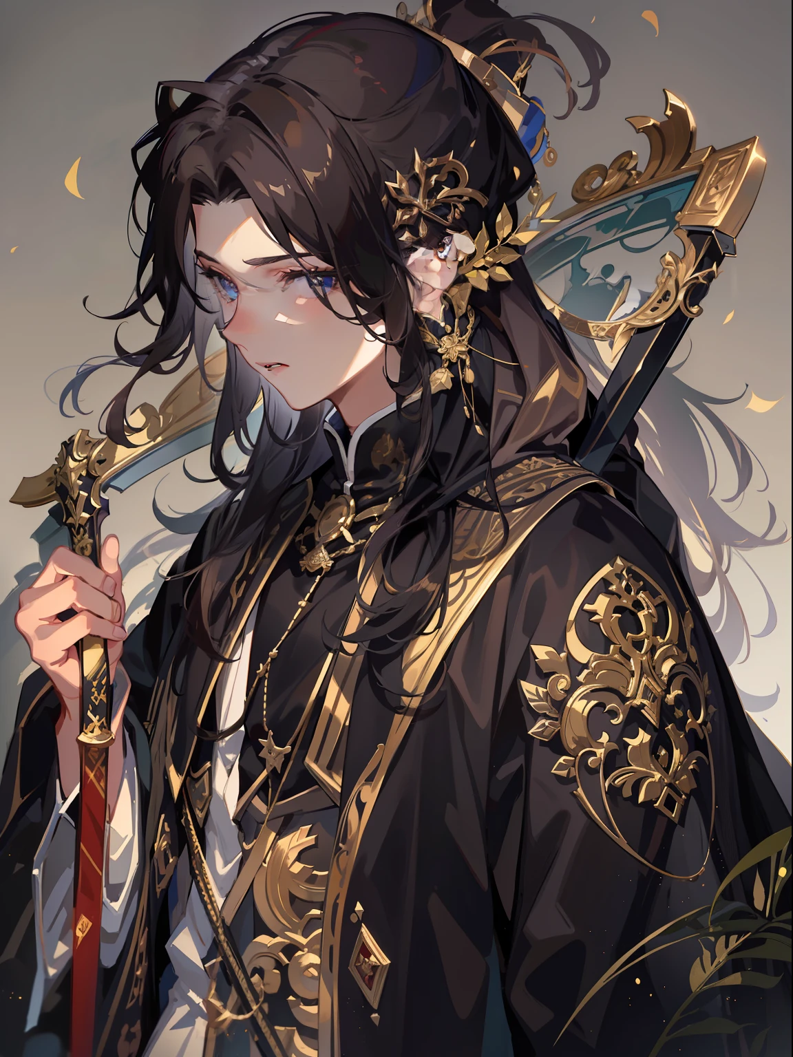 Super detailed brunette teenager with 8K resolution，黑The eye，Elegant aristocratic countenance，wearing long black robe，The robe has a gold pattern on it，Handsome guy with a sword，Optimal color rendering，Best shadow effect，Masterpiece level，Full body like，Teenagers around 16 years old，European