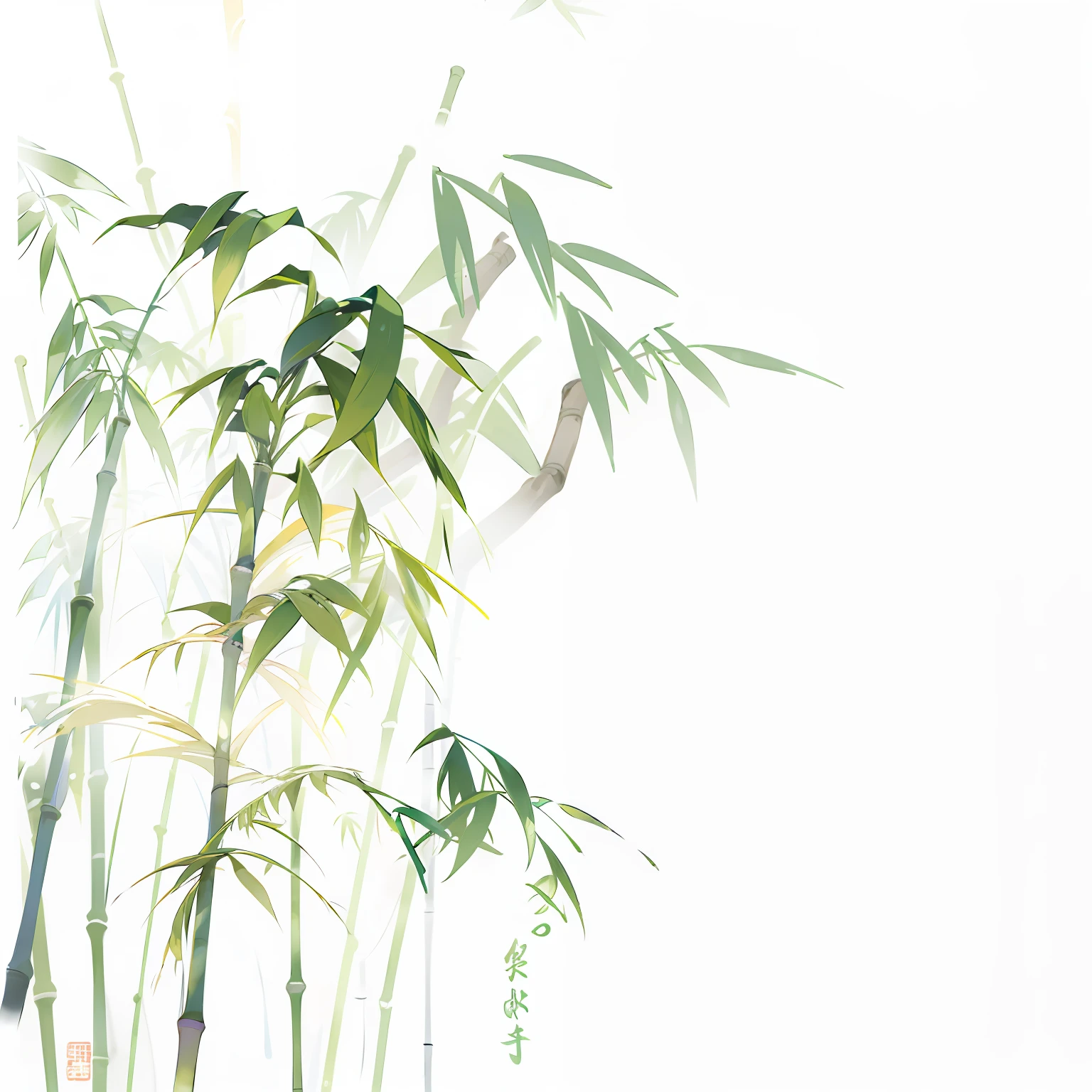 ancient wind，bamboos，Bamboo leaves，water ink，Declaring a sense of paper，green color，Movie lighting，higher details，delicated