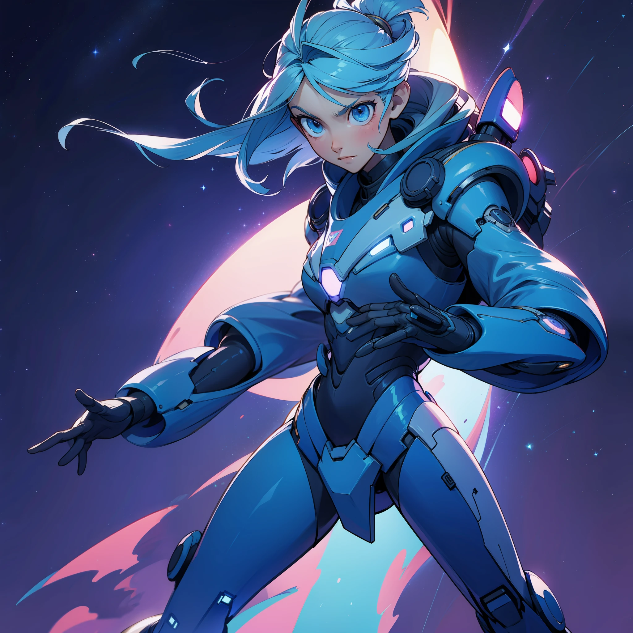 1futuristic Celestial guardian, fighting pose, starry sky background