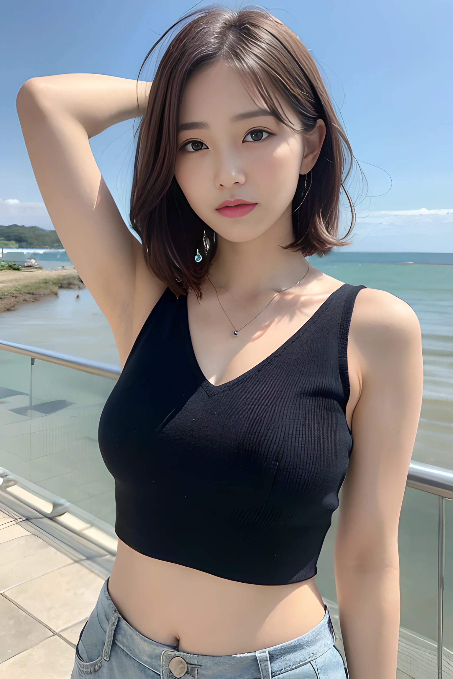 (top-quality、hight resolution、​masterpiece:1.3)、Tall and cute woman、large full breasts、Dark brown hair styled in loose waves、breastsout、Wearing a pendant、midriff、short pants、(Coast in the background)、Details exquisitely rendered in the face and skin texture、Detailed eye、二重まぶた、light smile、upper body、short cut hair、starly sky、fold your arms behind head、drooping eye、