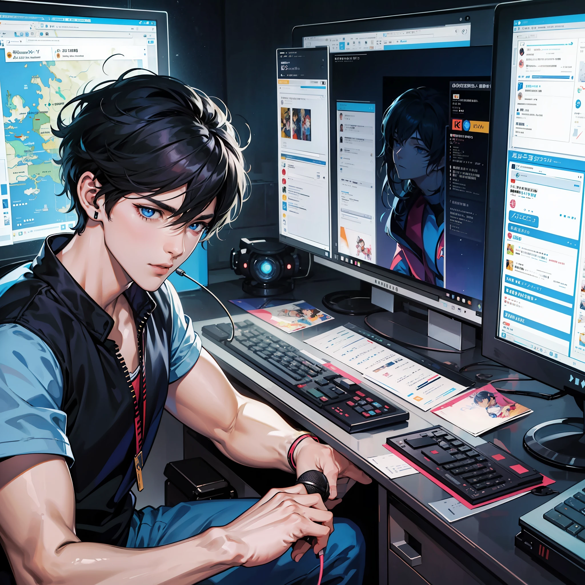 Anime boy calls to talk, ig studios anime style, nightcore, style of anime4 K, High quality anime art style, Anime boy, young anime man, Anime art style, Digital anime illustration, Anime style. 8K, in an anime style, male anime character, Kawasi，best qualtiy：1.0），（超高分辨率：1.0），Anime boys，with short black hair，blue color eyes，sitting in front of the computer，Speak into the microphone，The background is in the esports room，Earphone，The head is close to the microphone,8K