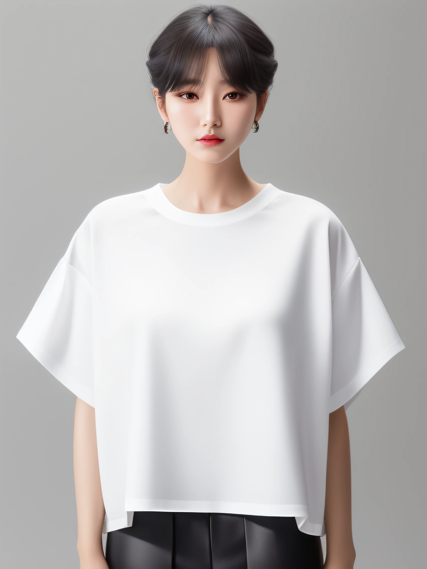 Arad woman posing for a photo in a white blouse and black pants, korean women's fashion model, Women with short hair, casual white garment, white trendy clothes, Official product image, 8k --height 768, Official product photo, with ripped crop t - shirt, inspirado por Kim Jeong-hui, inspired by Sim Sa-jeong