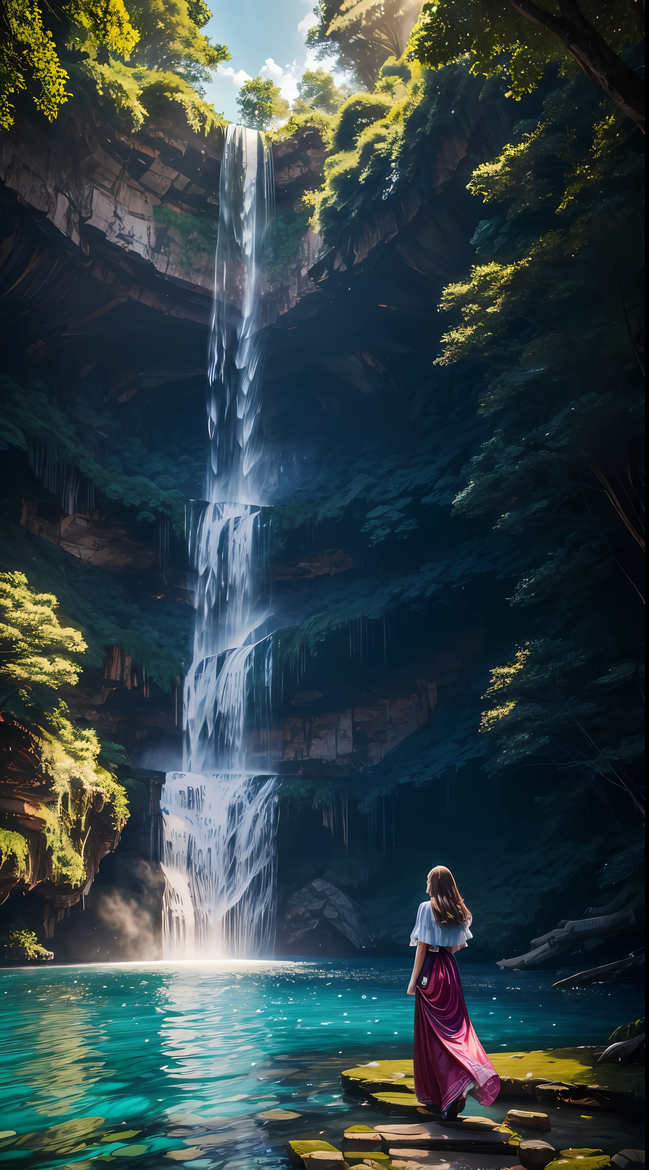 1girl, realistic beautiful young woman, wearing colorful dress, waterfall, walking under the waterfall, with her back to the audience, ethereal beauty, full body, character ratio is only 1/8, lake surface, ((large grove)), Tyndall ray, realism, cinematic lighting, ray tracing, optical illusion, lens flare, 120mm, f/1.2, sony fe gm, ultra hd, retina, masterpiece, ((best quality)), ((masterpiece)), (very detailed: 1.3)
