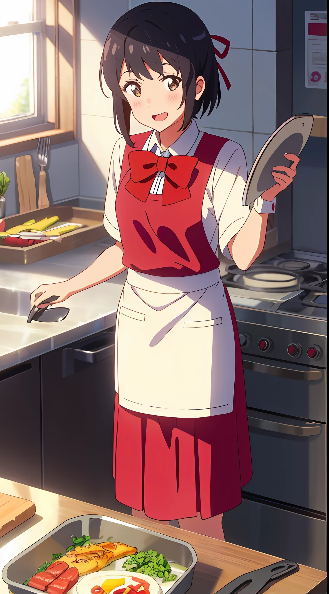 shinkai makoto, kimi no na wa., 1girl, bangs, black hair, blush, brown eyes, chef outfit, looking at the viewer, red bow, red headband, red ribbon, short hair, smile, cute, solo, medium sleeves, open mouth, white skirt, stove, frying pan, kitchen, cooking, indoors