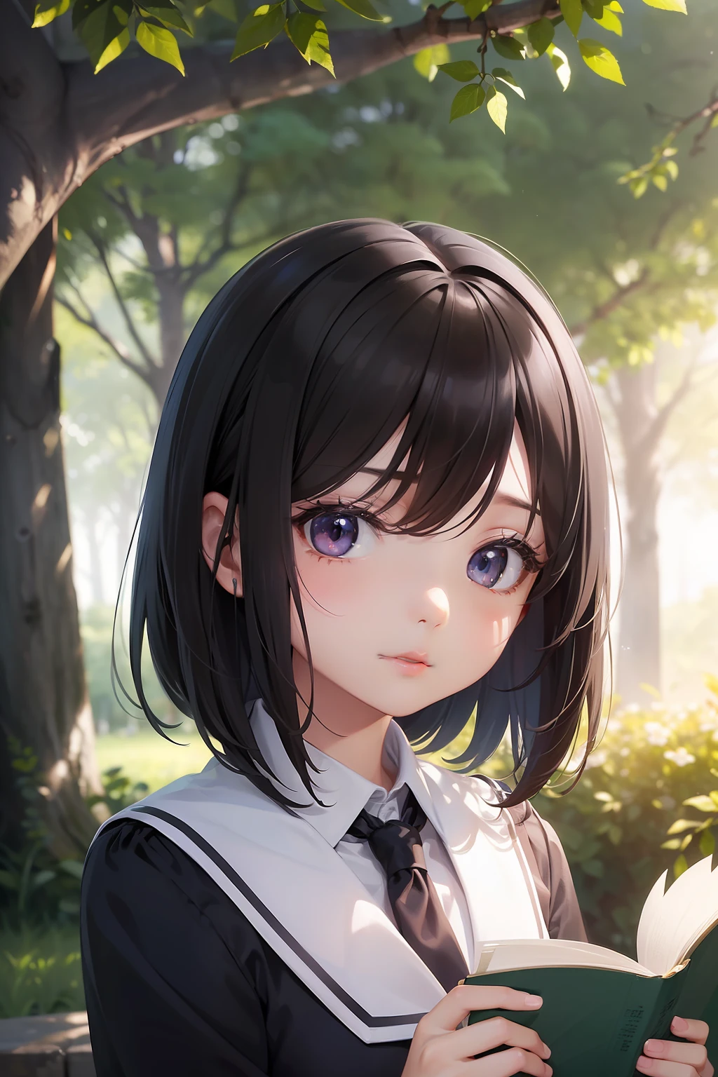(超A high resolution、Photorealsitic、realisitic、top-quality、Photorealsitic)、(in 8K、Raw foto、top-quality、masterpiece)、(photon maping、physically-based renderingt、auto white balance)、Technical sense、top-quality、masterpiece、illustratio、nffsw、Unity、wall-paper、Official art、astonishing、finely detail、extremely delicate and beautiful、ighly detailed、foco nítido、Rich background、blurry backround、(realperson、a picture)、(((High Detail Skin、Visible Pore)))、(((facial close-up))) ( s、sixteen years oldents、校服、blazers、nd、Bob Hair、Reading in the park、Eyes are books)