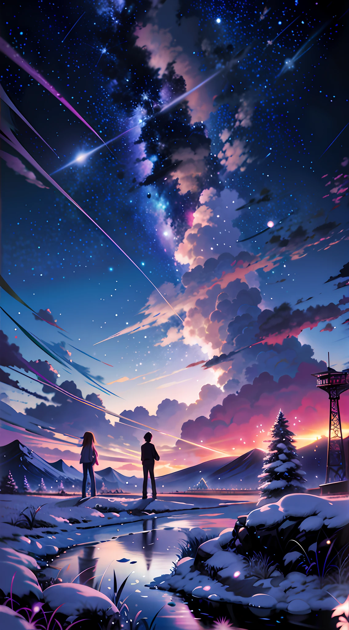 anime scenery of two people standing on a rock looking at the sky, cosmic skies. by makoto shinkai, makoto shinkai cyril rolando, beautiful anime scene, anime sky, anime art wallpaper 4 k, anime art wallpaper 4k, anime art wallpaper 8 k, anime beautiful peace scene, in style of makoto shinkai, 4k anime wallpaper