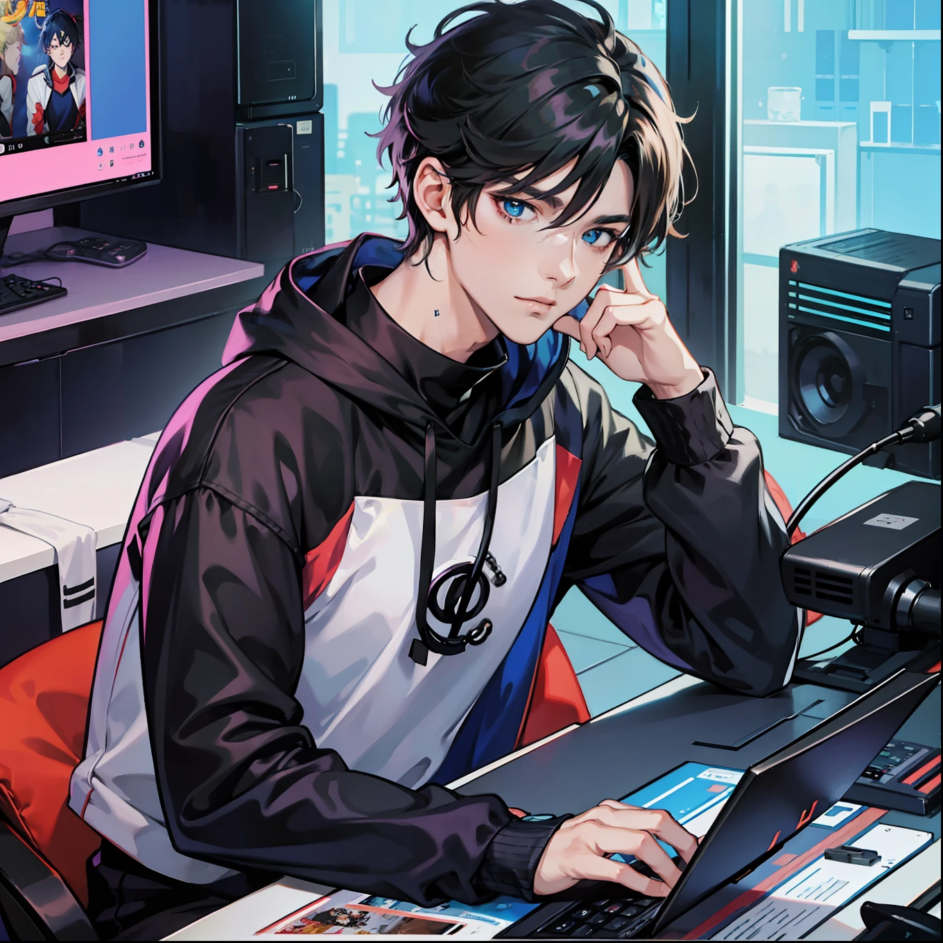 Anime boy calls to talk, ig studios anime style, nightcore, style of anime4 K, High quality anime art style, Anime boy, young anime man, Anime art style, Digital anime illustration, Anime style. 8K, in an anime style, male anime character, Kawasi，best qualtiy：1.0），（超高分辨率：1.0），Anime boys，with short black hair，blue color eyes，sitting in front of the computer，Speak into the microphone，The background is in the esports room，Earphone，The head is close to the microphone,8K