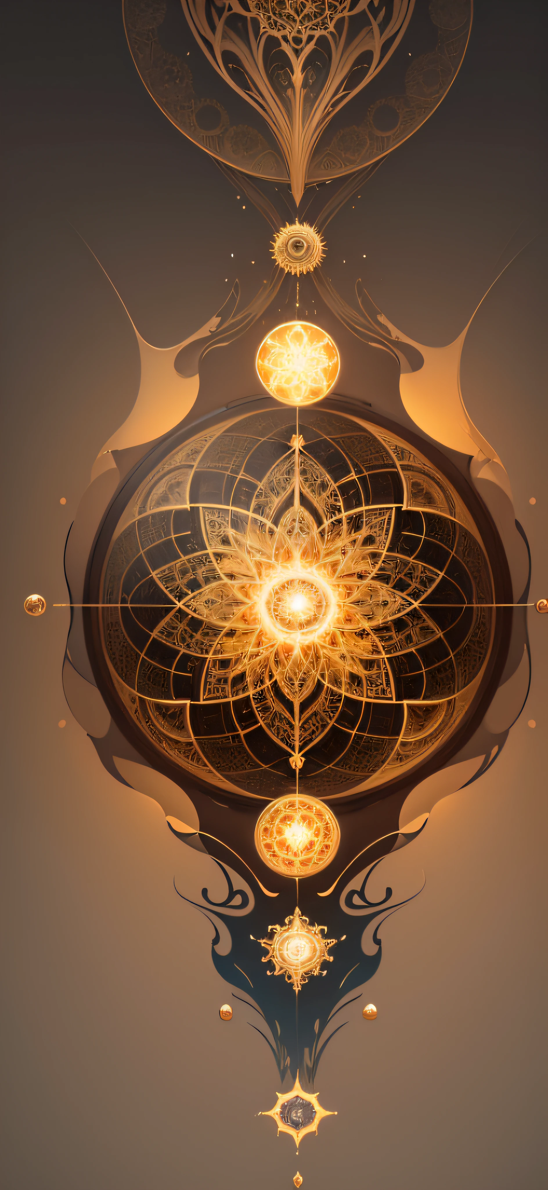 Beautiful symmetrical fgeometrical pattern painted in oil with thick brushstrokes and wet paint, Fibonacci, golden ratio, melted wax, visible brushstrokes, surrounded by crystal spheres, 3D tessellation wireframe, neural graphic, neurons, tree of life, color, love, passion, oil on canvas, thick brushstrokes, insanely detailed, 8k uhd, masterpiece, artstation, surreal, light yellow background