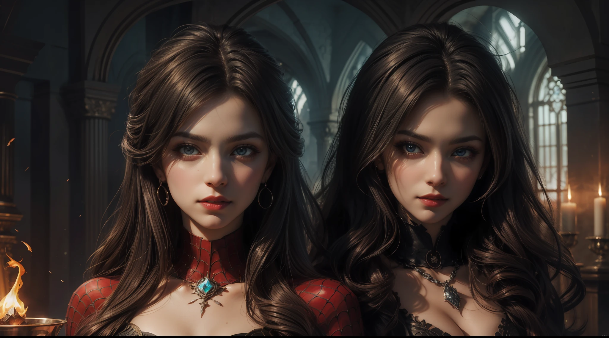 （Award-winning digital artwork：1.3） of （sketching：1.3），（with dynamism：1.3）Spidey，EmmaRob，CGSociety，ArtStation，（Saturation：1.3），（Close portrait：1.3），（femele：1.4），（big breasts beautiful： 1.4),(carismatic:1.3),Handsome,calendar pose,Perfect Detailed Eyes,studiolight,Theme，Mature woman,Vampires，Large breasts，Leather clothes，complex patterns，magia,Film filter, Hellfire,full bodyesbian,demon,Flame,palaces，dramatics，dynamicposes，illusory engine， (High detail: 1.9)，seele，crystal sphere，mystic symbols