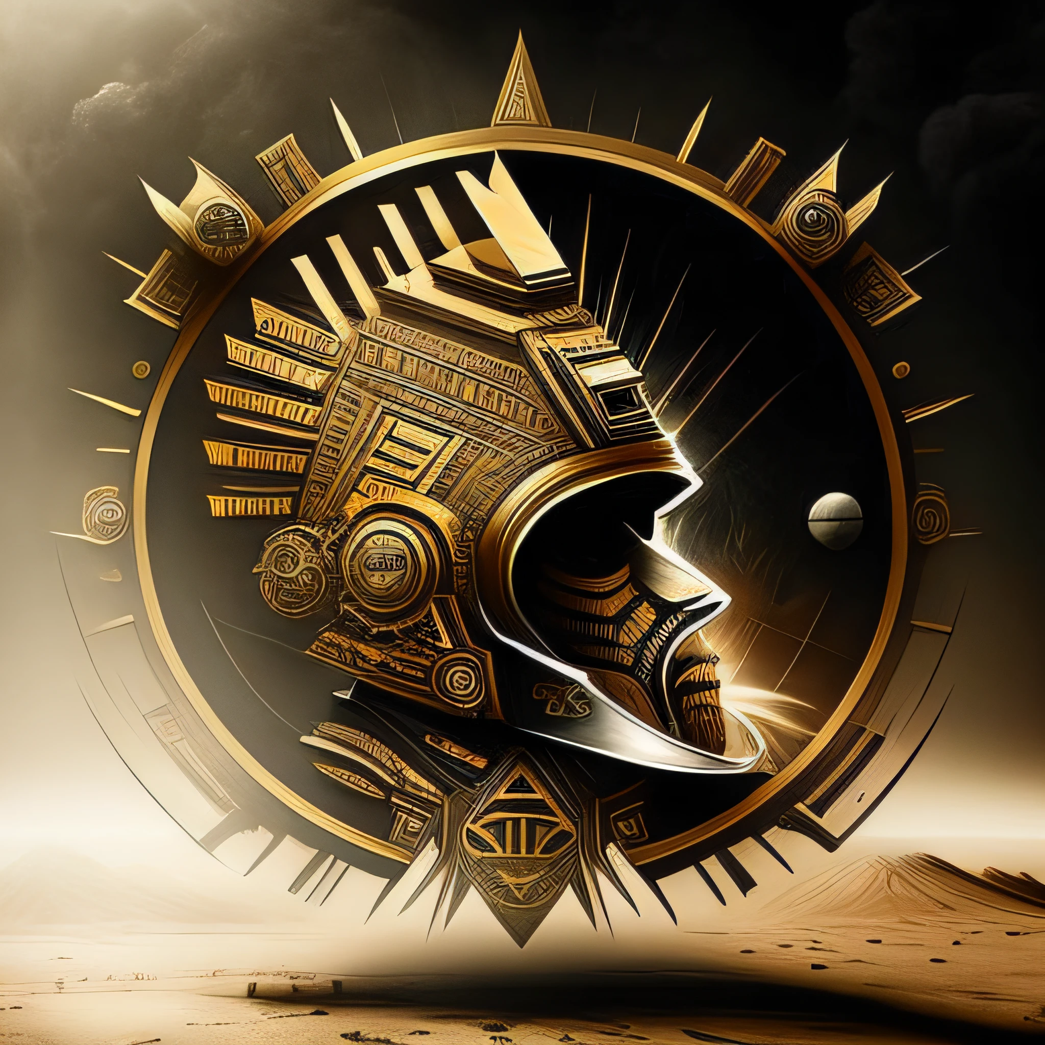 (surrealsteampunkai:0.5), (shoeai), a Aztec astronaut baroque style, powerful explosion, A big muscular Mexican Aztec in a astronaut suit, in a circle Versace style abstract graphic design, Gold & Black colors only, logo style. branded logo, high resolution quality
